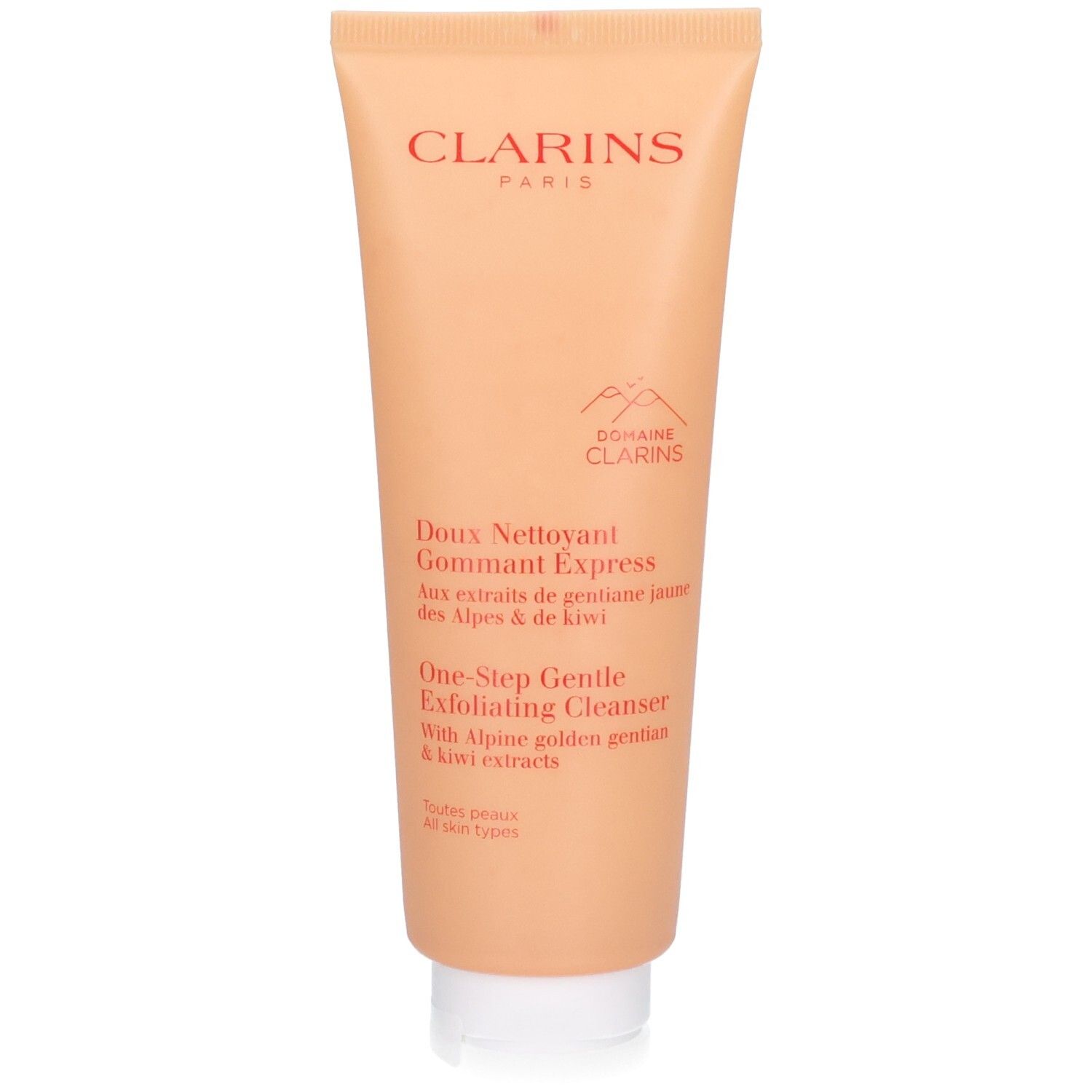 Tube Clarins Doux Nettoyant Gommant Express avec motif de montagne et informations produit.