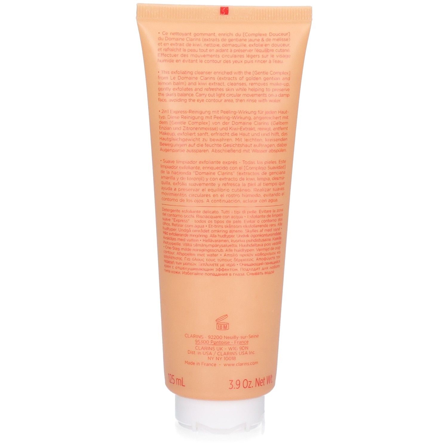 Arrière du tube Clarins Doux Nettoyant Gommant Express avec informations détaillées sur le produit.