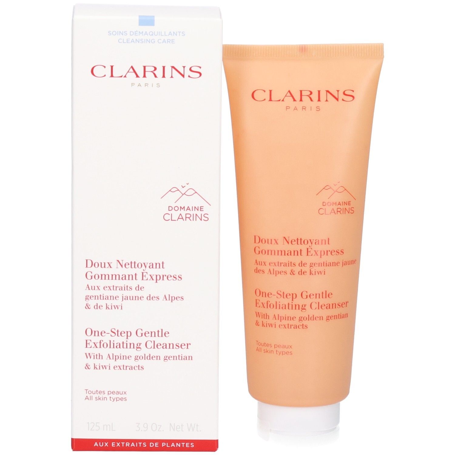 Tube et emballage Clarins Doux Nettoyant Gommant Express avec détails produit et marque.