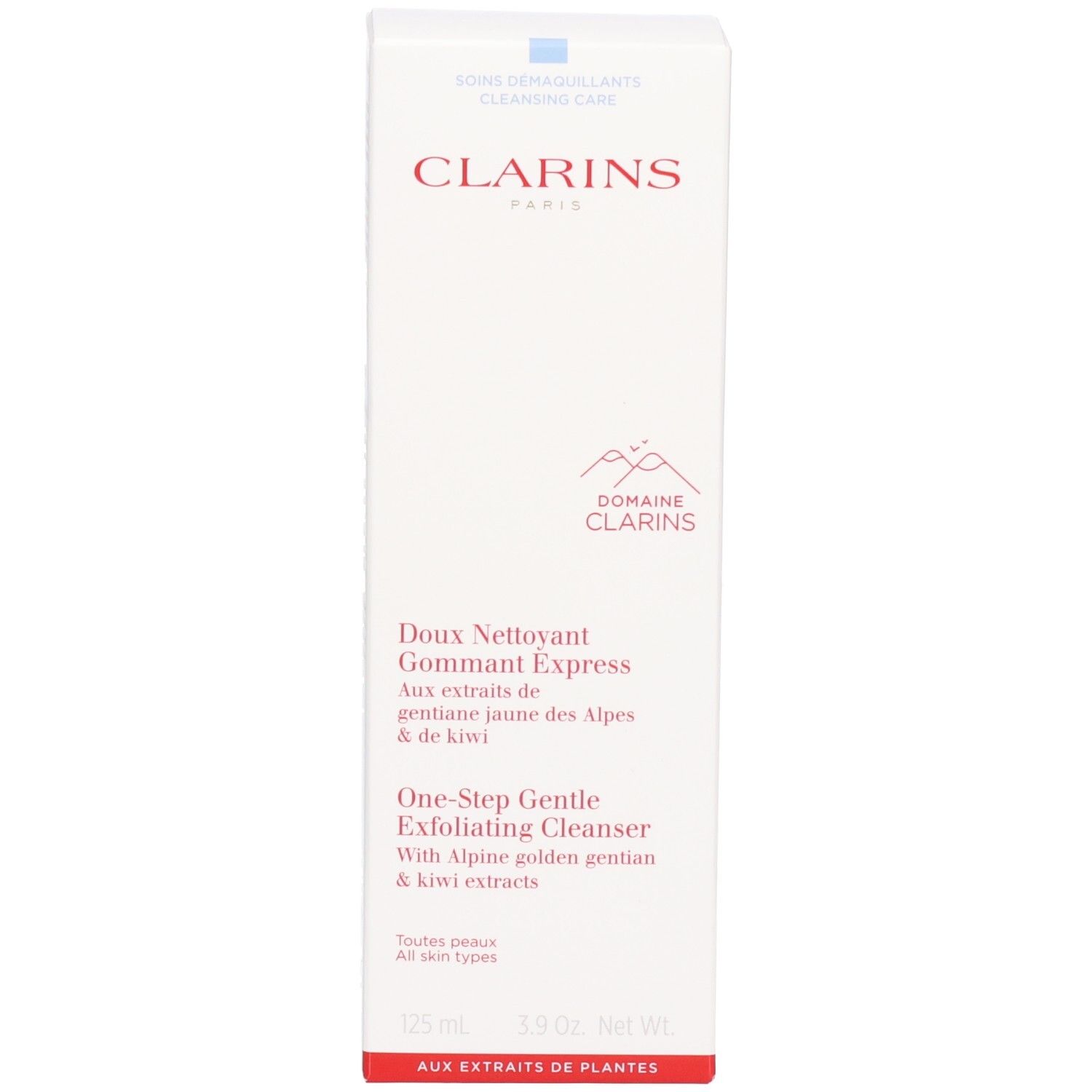 Emballage Clarins Doux Nettoyant Gommant Express avec nom du produit et détails d'application.