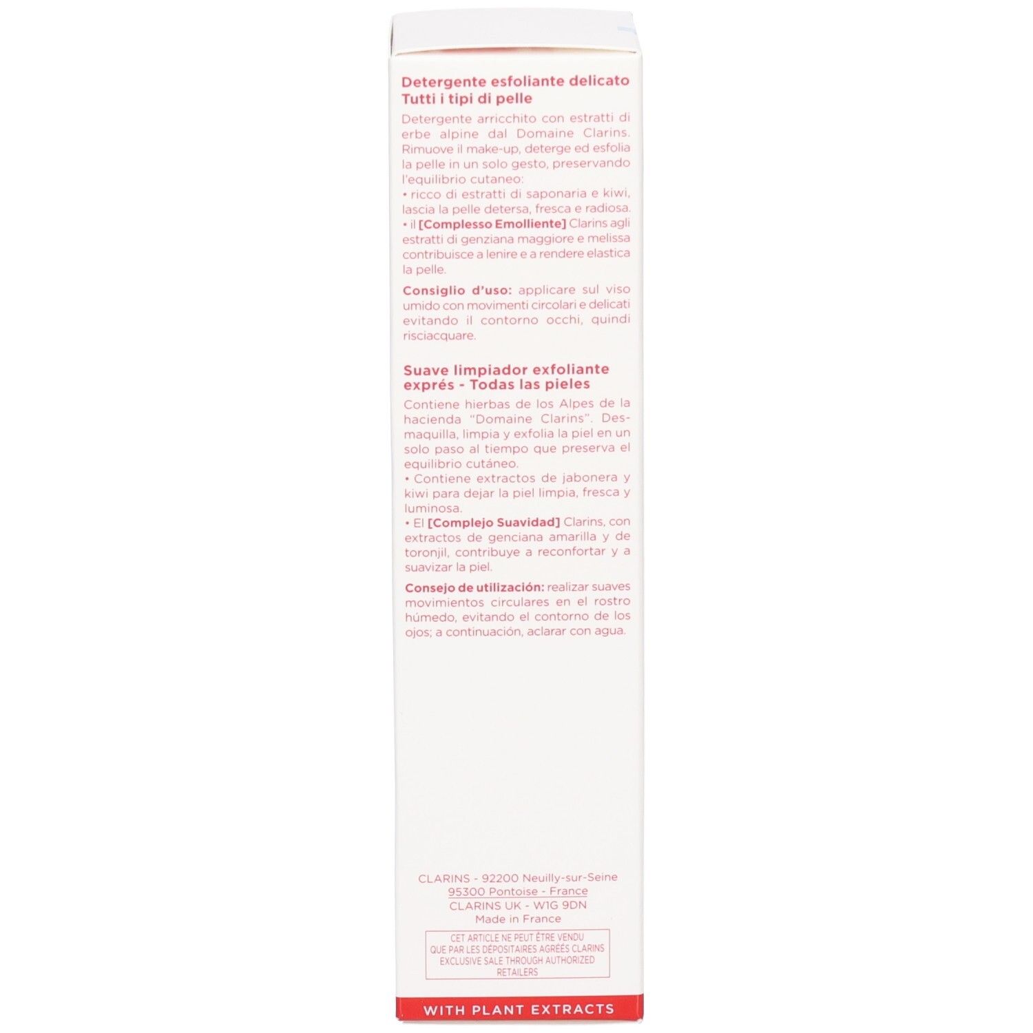 Côté de l'emballage Clarins Doux Nettoyant Gommant Express avec instructions d'utilisation et ingrédients.