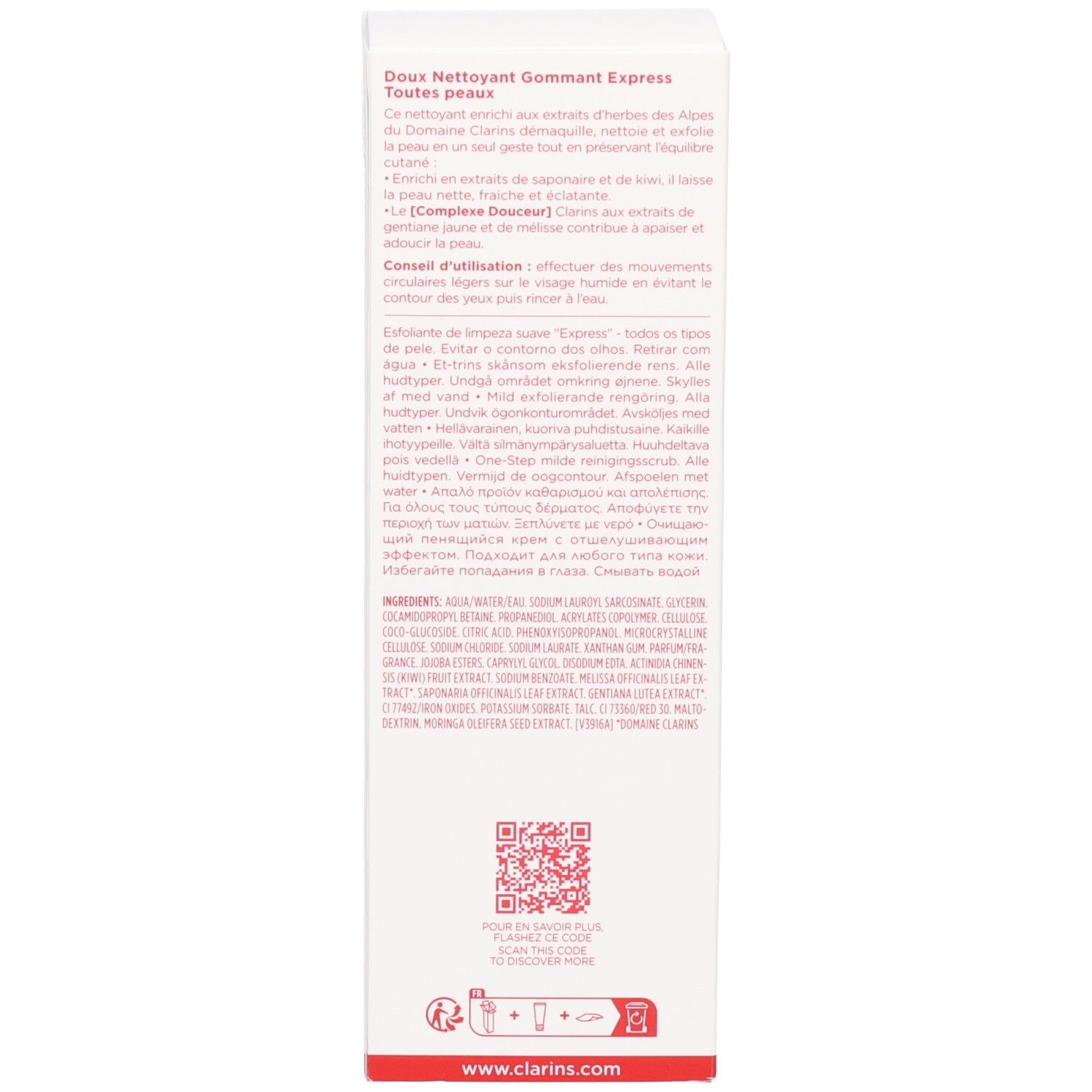 Arrière de l'emballage Clarins Doux Nettoyant Gommant Express avec QR code et symboles d'application.