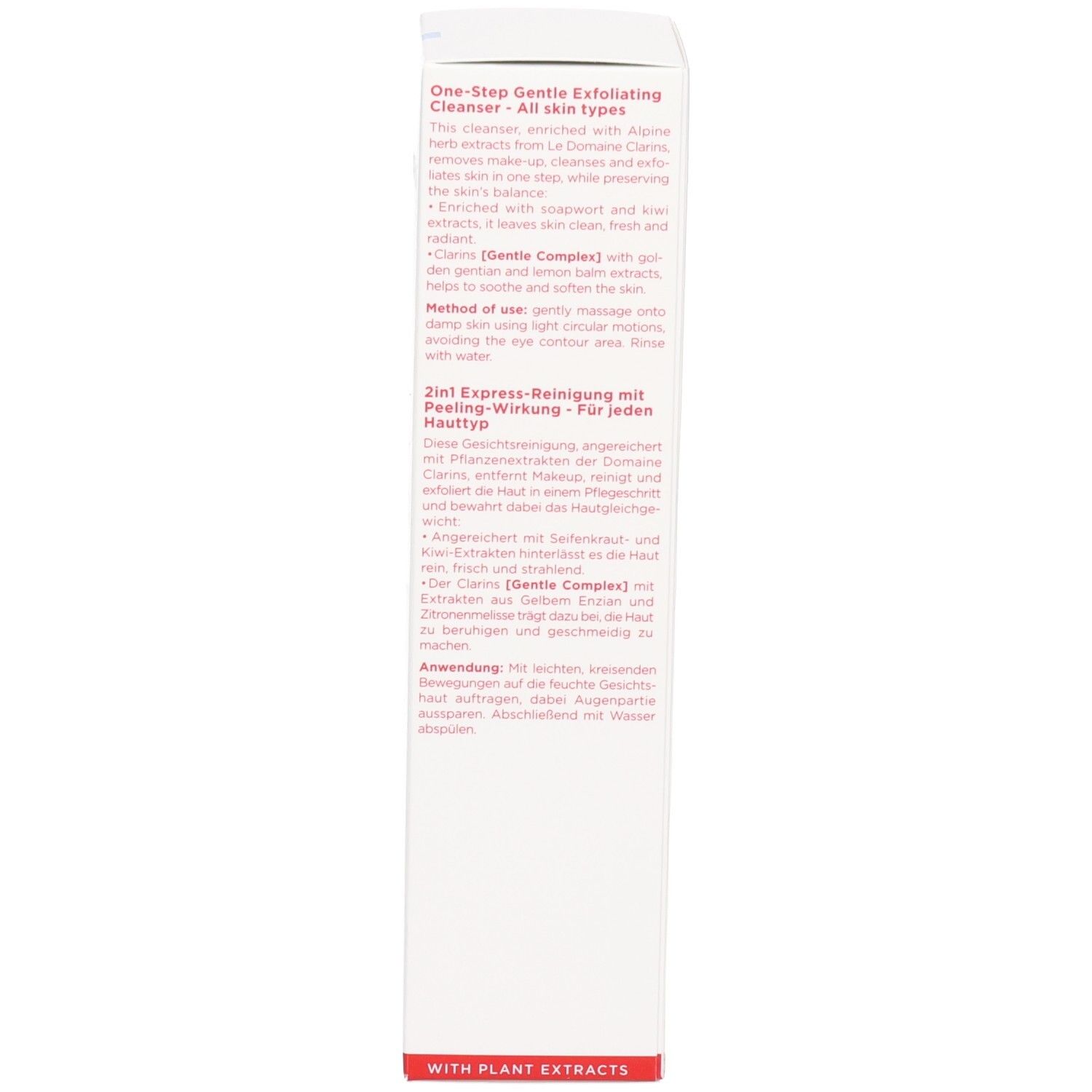 Côté de l'emballage Clarins Doux Nettoyant Gommant Express avec description produit et application.