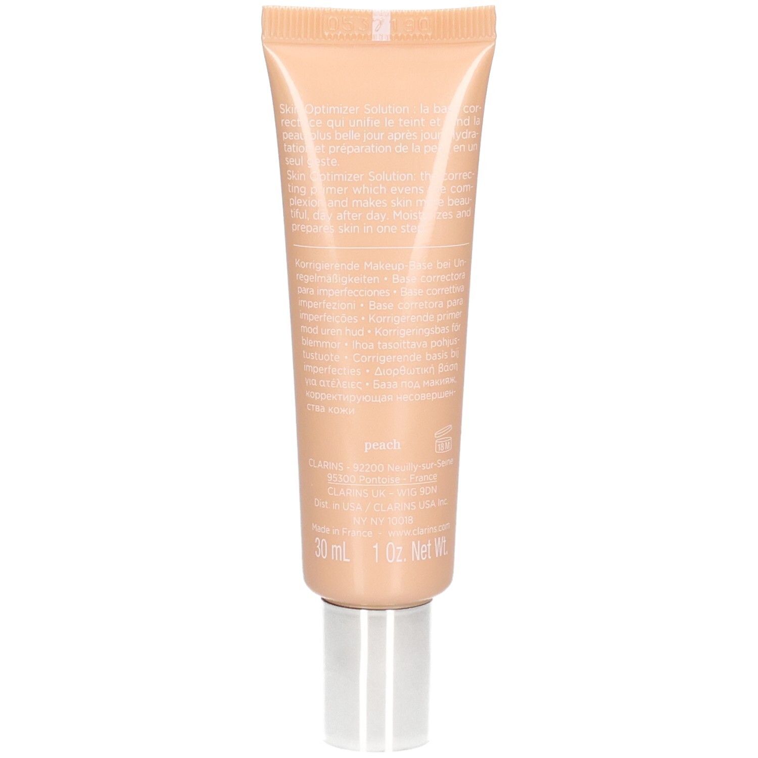 Clarins SOS Primer Peach : Arrière du tube avec informations produit et 30 ml.