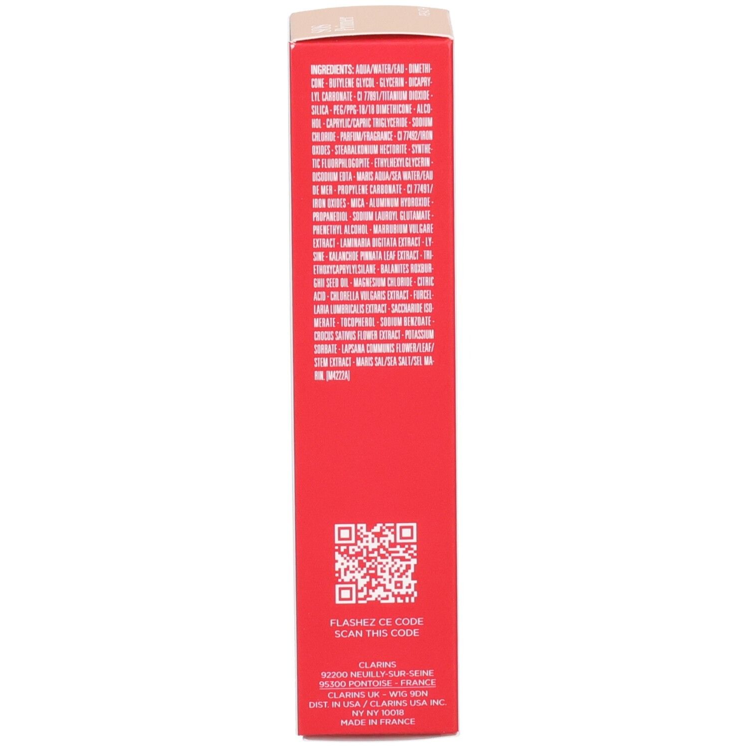 Clarins SOS Primer Peach : Boîte extérieure rouge avec liste détaillée des ingrédients.