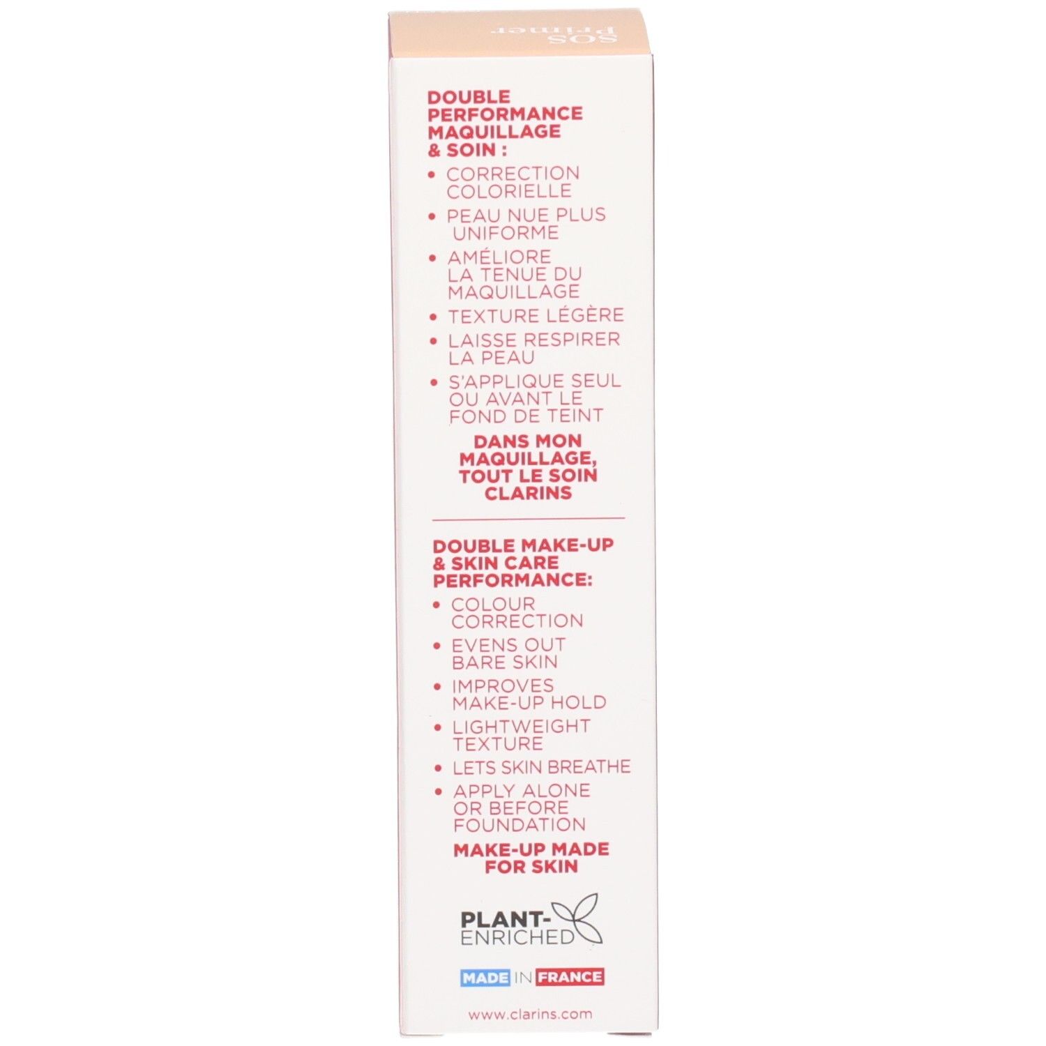 Clarins SOS Primer Peach : Côté de la boîte avec avantages produit et 'Made in France'.