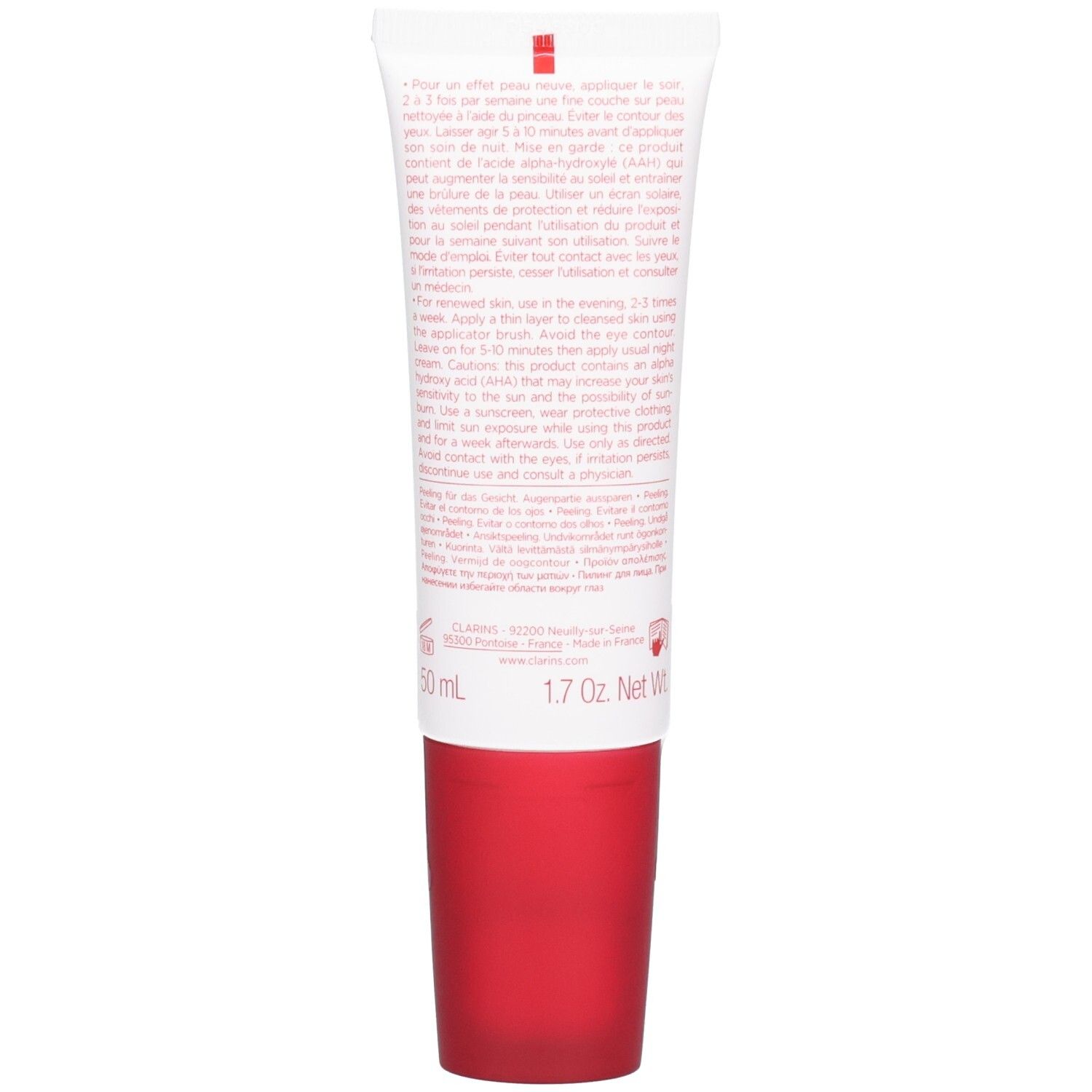 Dos de la tube Clarins Peeling Beauté Eclair avec instructions et ingrédients.