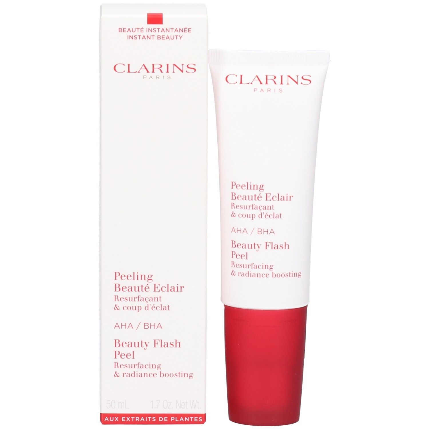 Tube et boîte Clarins Peeling Beauté Eclair. Contient AHA/BHA, 50ml.