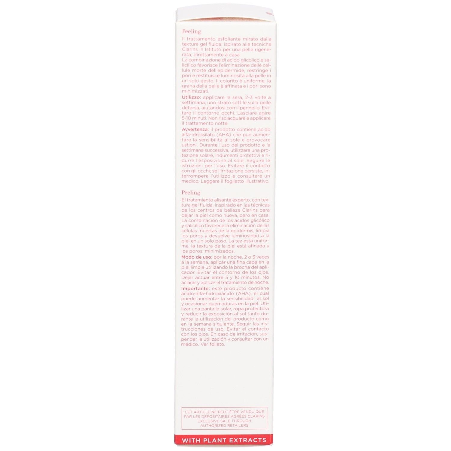 Côté de la boîte Clarins Peeling Beauté Eclair avec instructions détaillées.