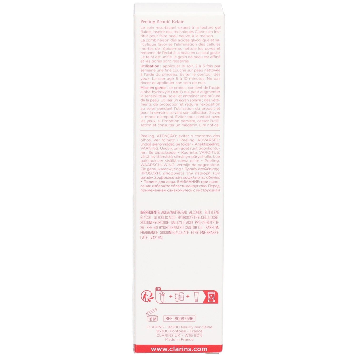 Côté de la boîte Clarins Peeling Beauté Eclair avec ingrédients et lieu de fabrication.