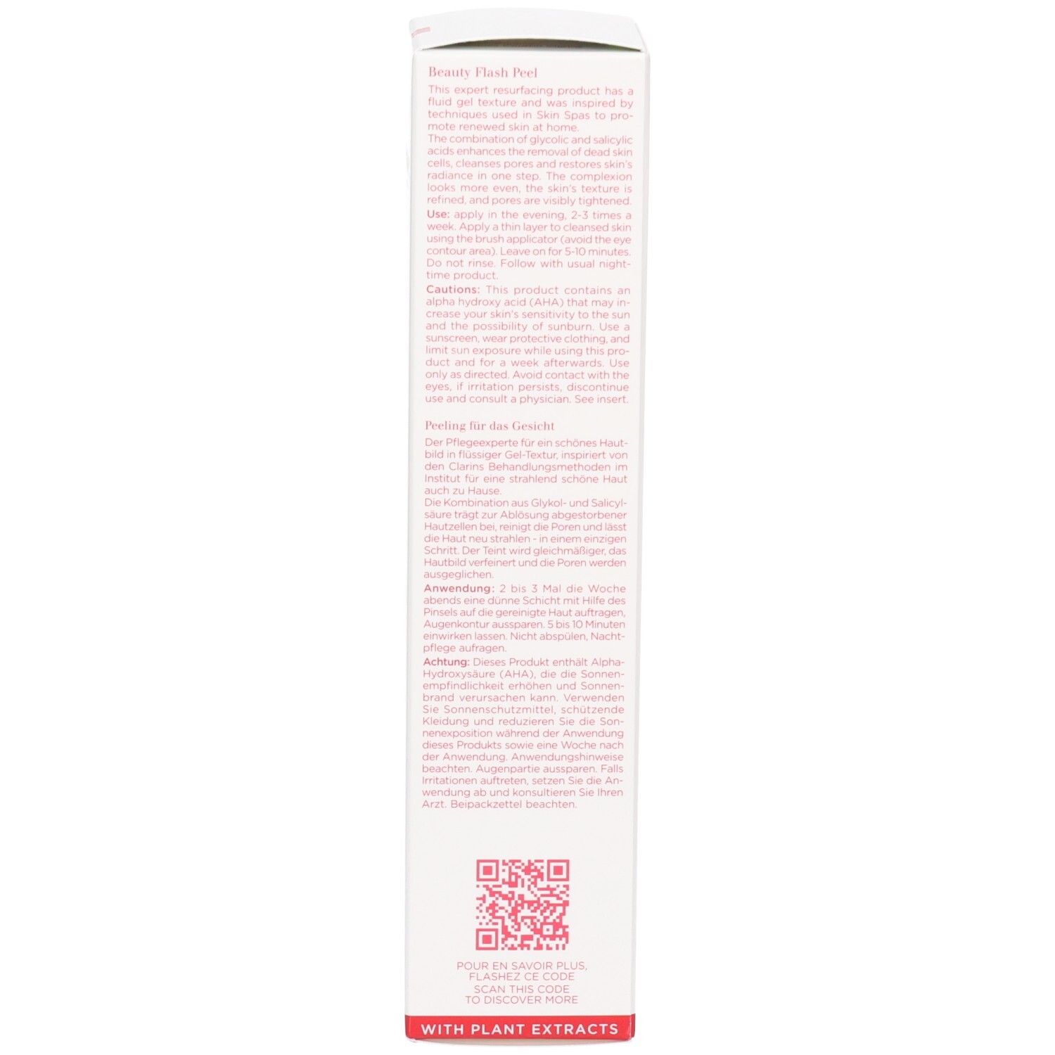 Côté de la boîte Clarins Peeling Beauté Eclair avec instructions et code QR.