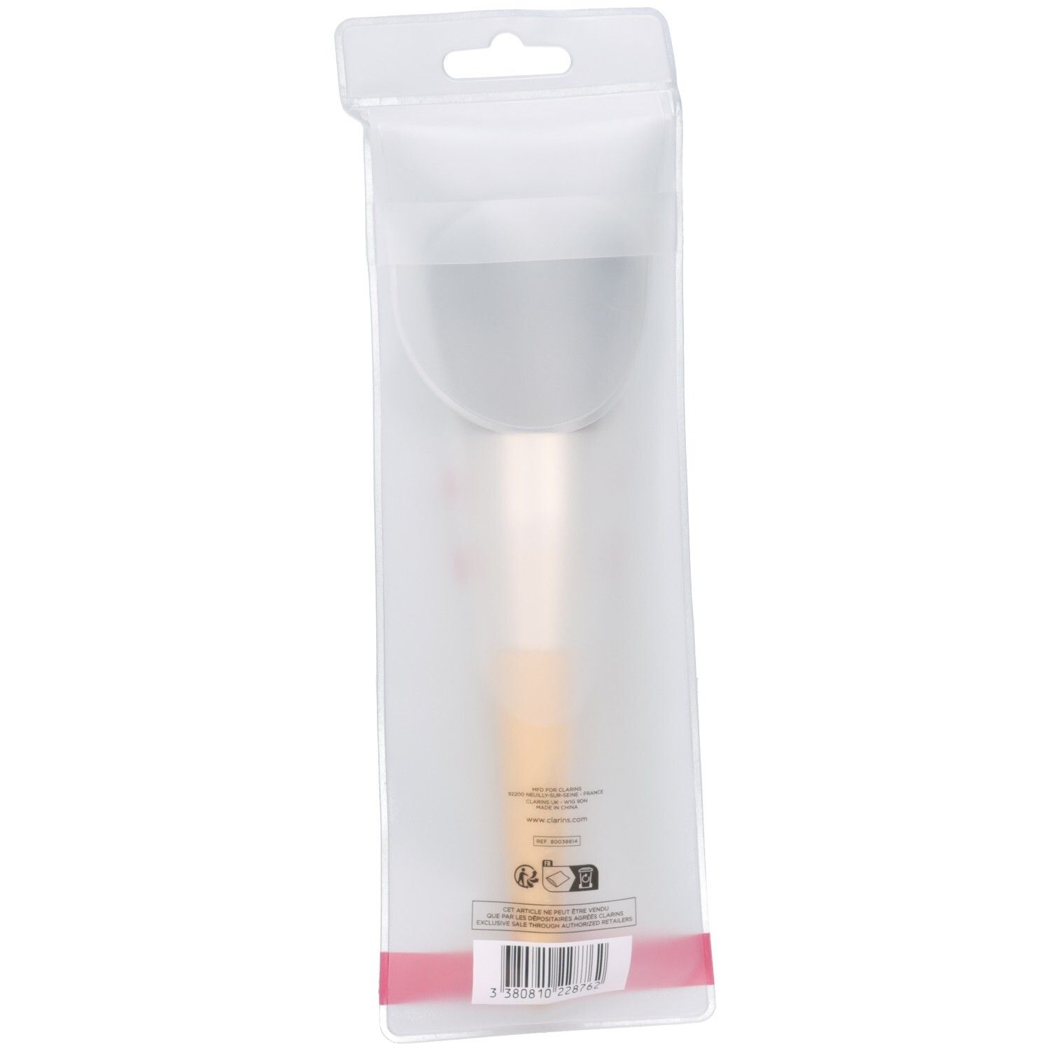 Arrière du Clarins Pinceau Poudre Powder Brush sous emballage transparent avec code-barres et sceaux.