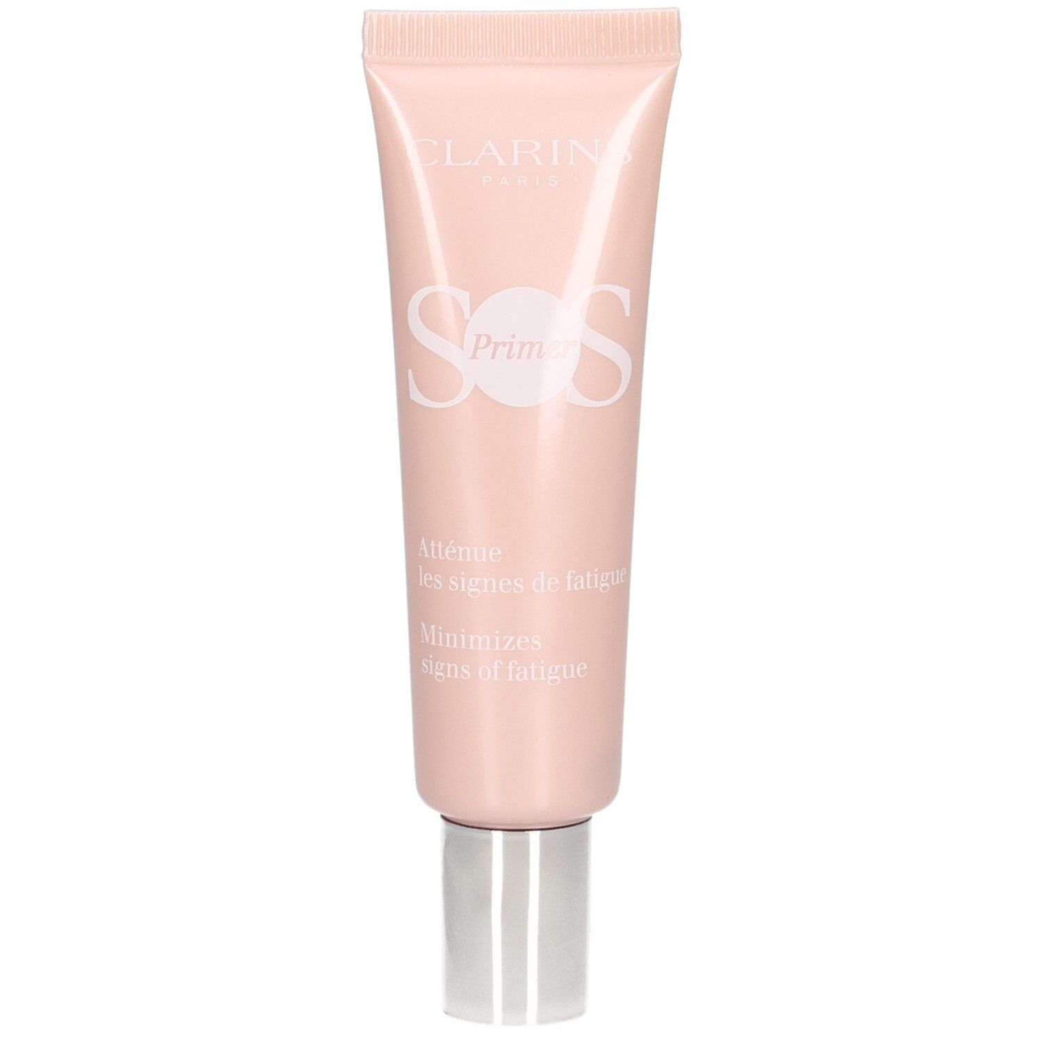 Tube rose avec bouchon argenté contenant le SOS Primer Pink de Clarins.