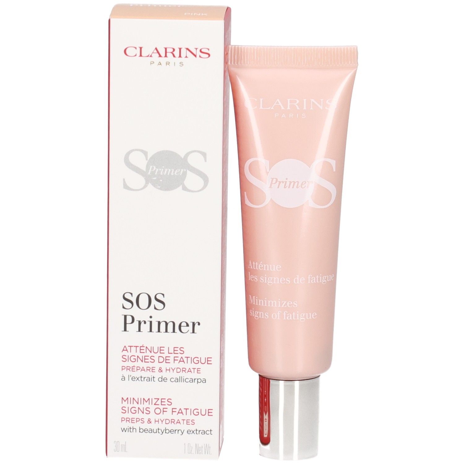Tube et emballage Clarins SOS Primer Pink, avec textes en français et anglais.