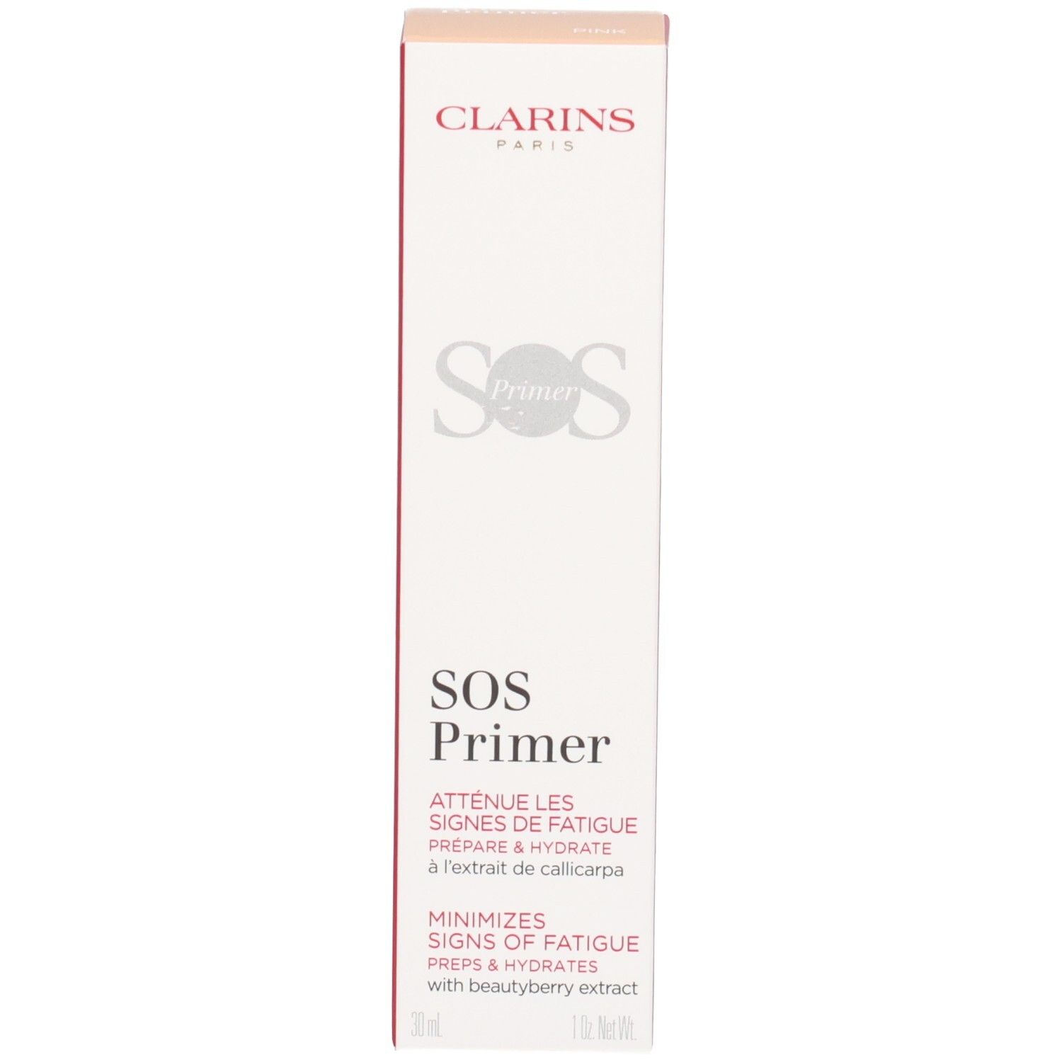 Emballage du SOS Primer Pink de Clarins avec textes en français et anglais.