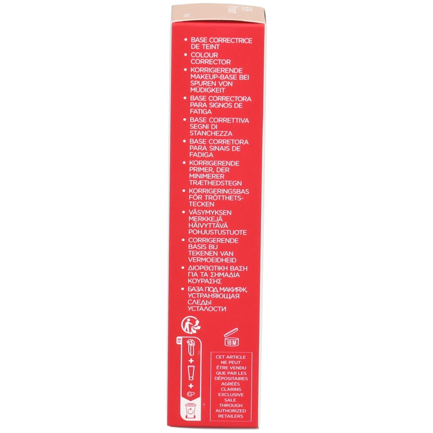 Côté de l'emballage Clarins SOS Primer Pink avec les avantages du produit en plusieurs langues.