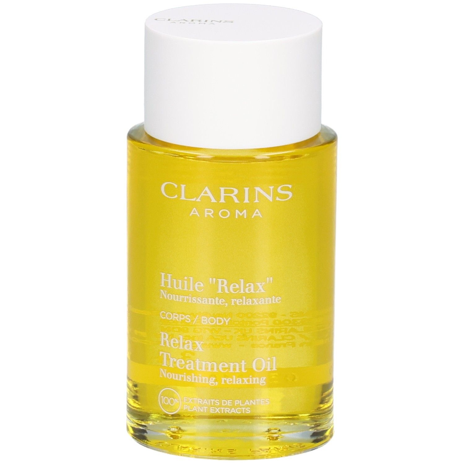 Bouteille Clarins Aroma Huile Relax avec bouchon blanc, huile jaune.
