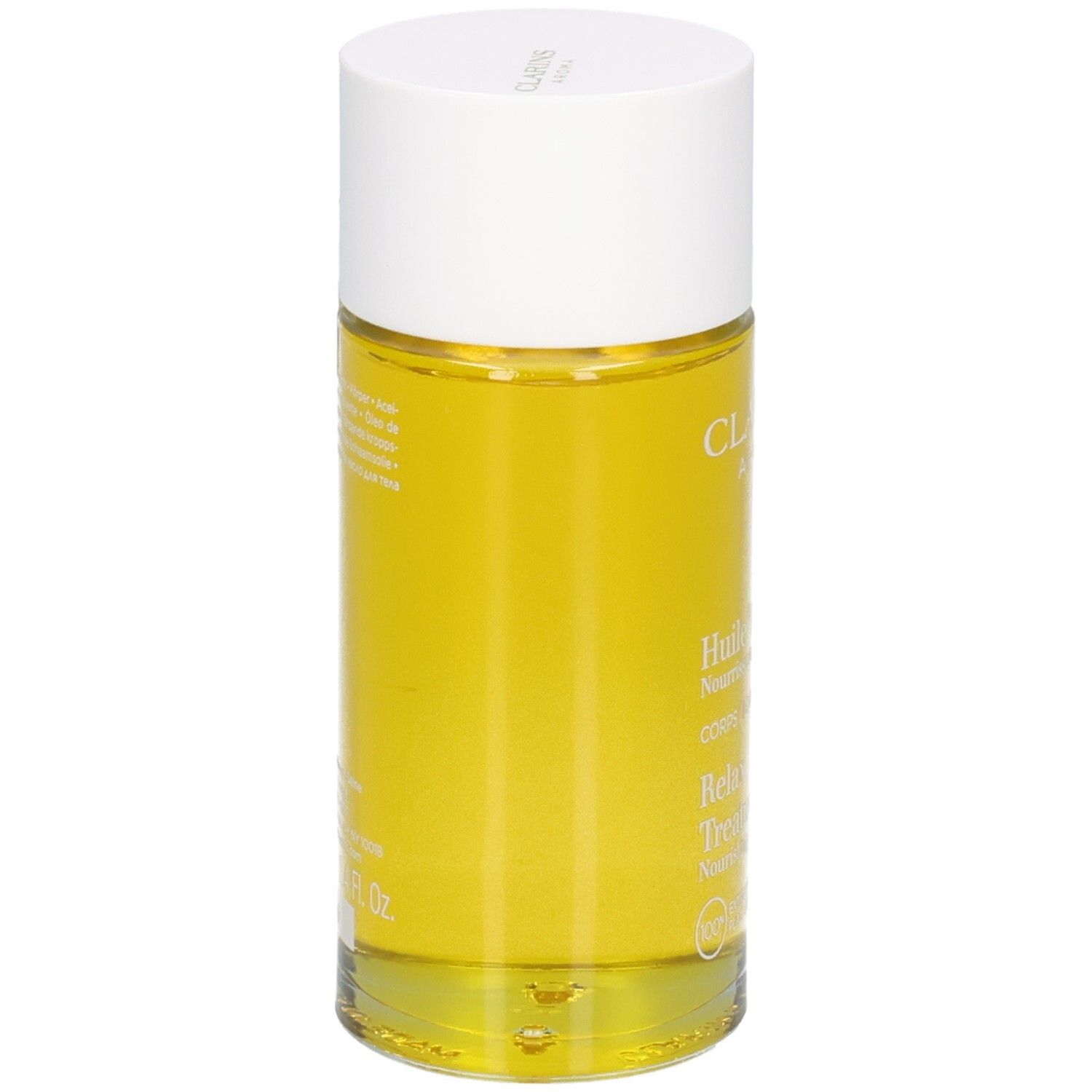 Bouteille Clarins Aroma Huile Relax, vue de côté, huile jaune.