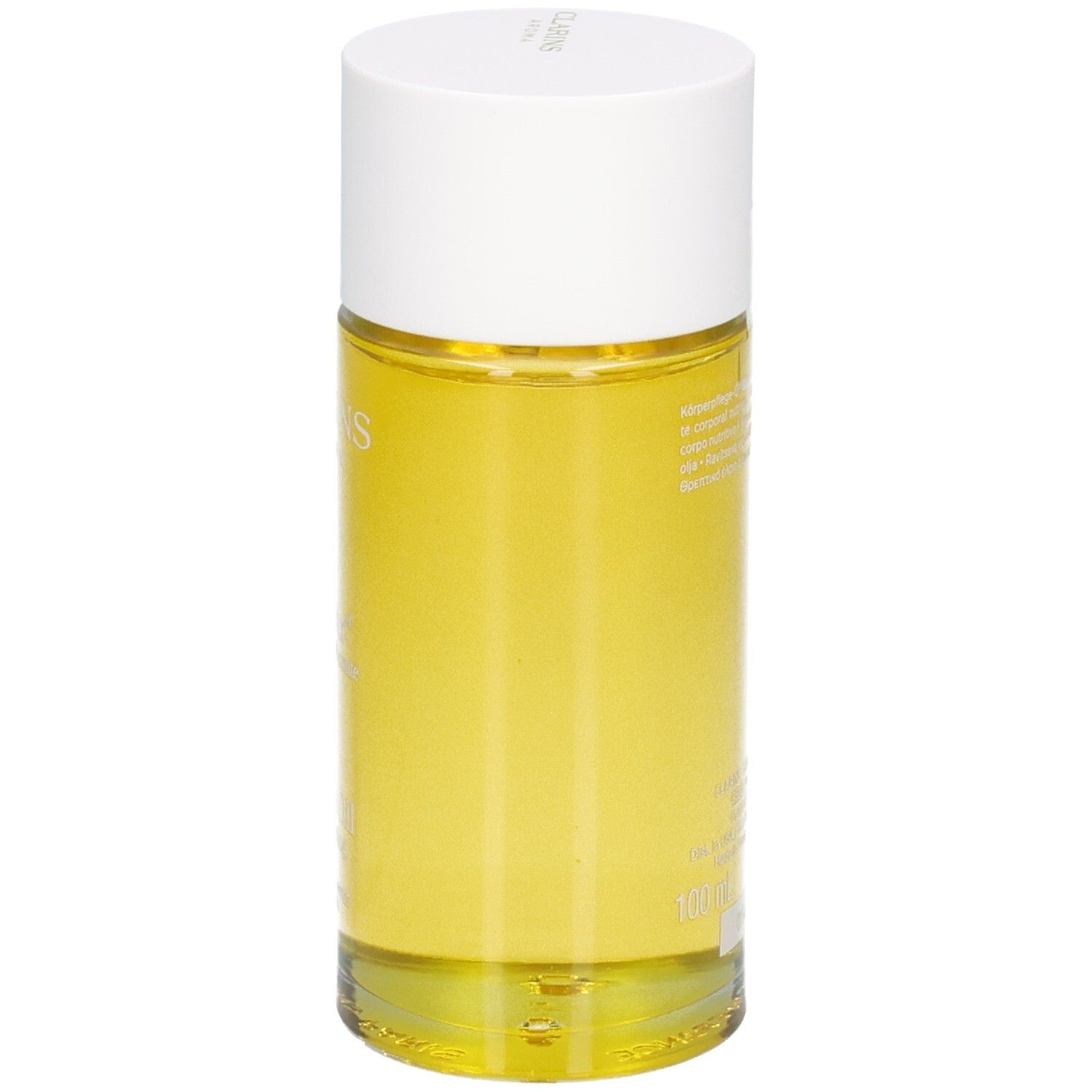 Bouteille Clarins Aroma Huile Relax, vue de côté, huile jaune.