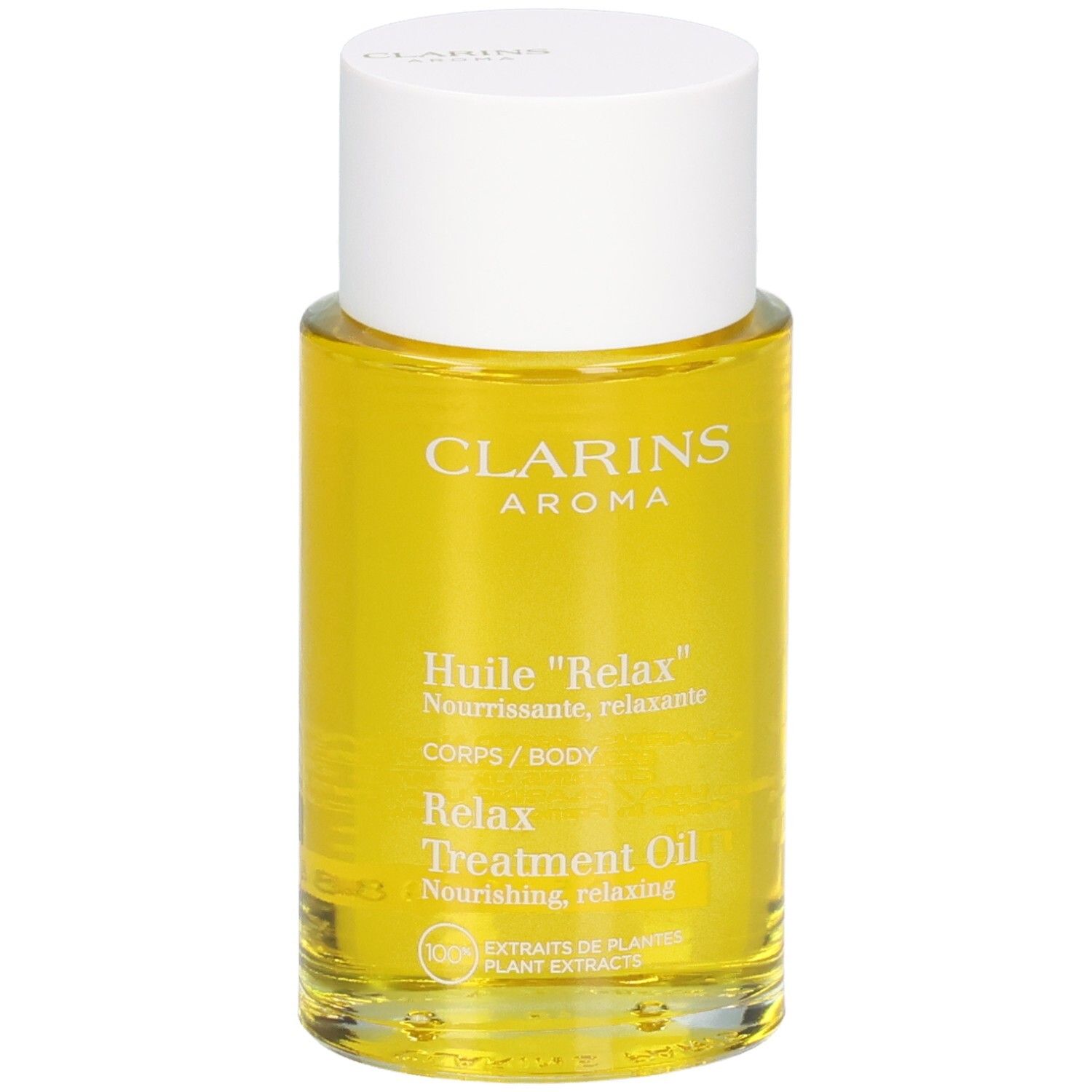 Bouteille Clarins Aroma Huile Relax avec bouchon blanc, huile jaune.