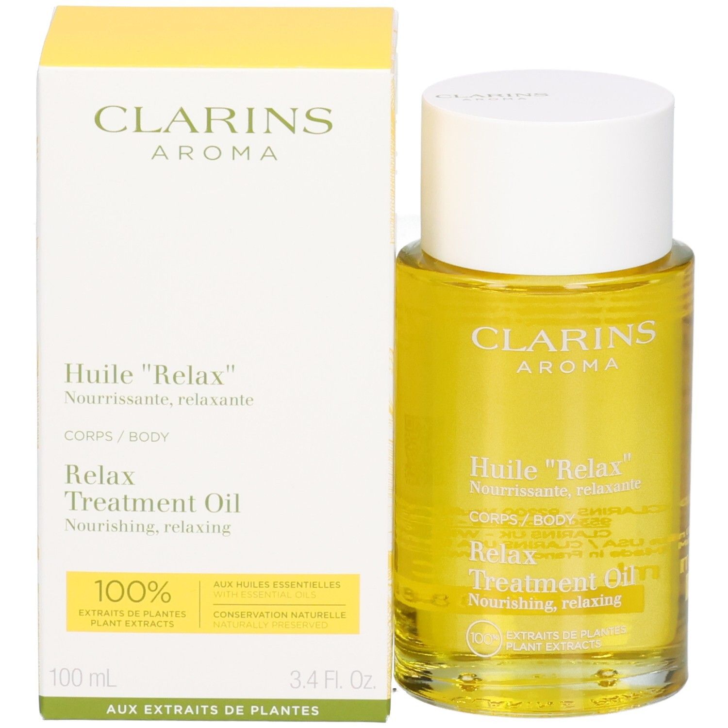 Bouteille Clarins Aroma Huile Relax et boîte, huile jaune.
