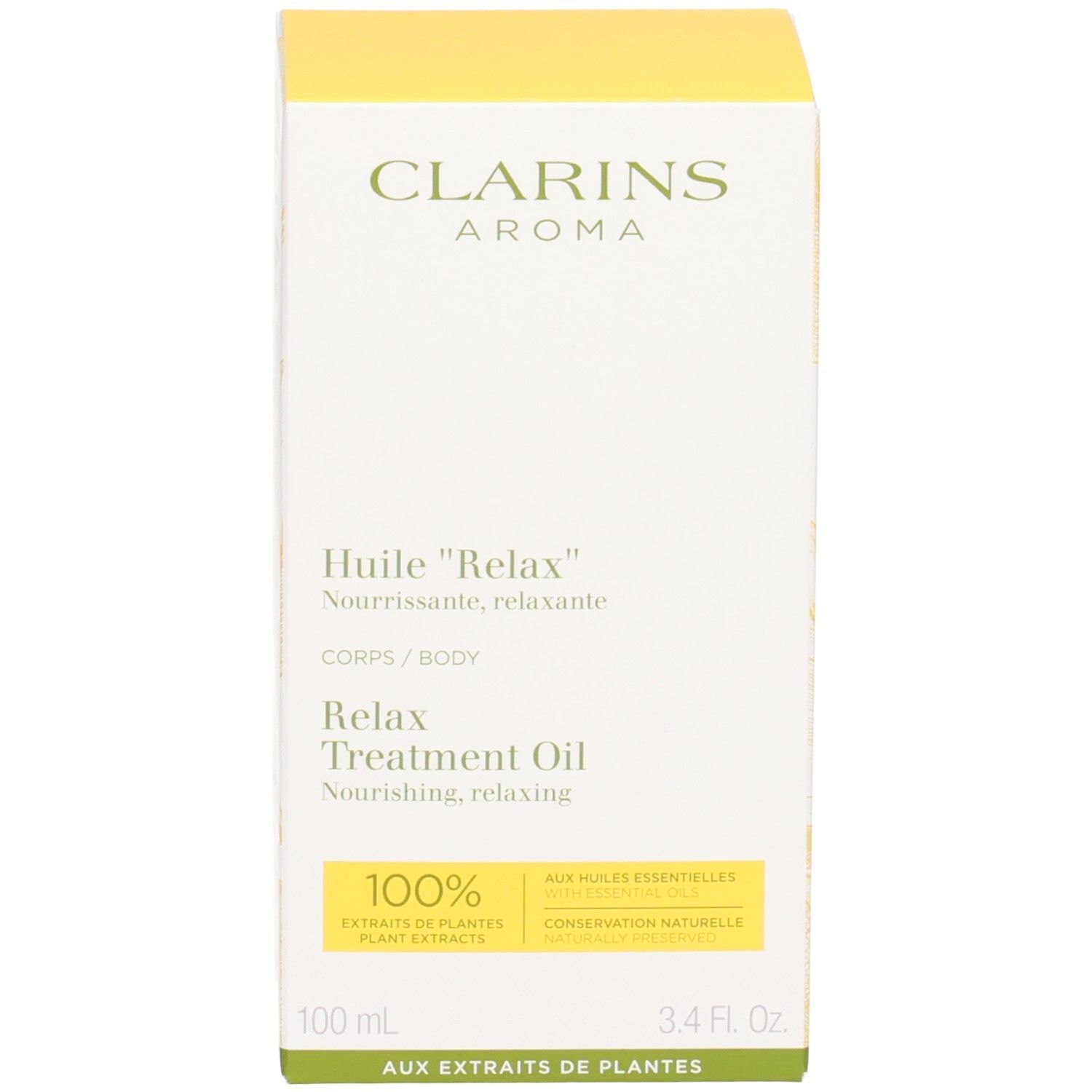Boîte Clarins Aroma Huile Relax, huile jaune visible.