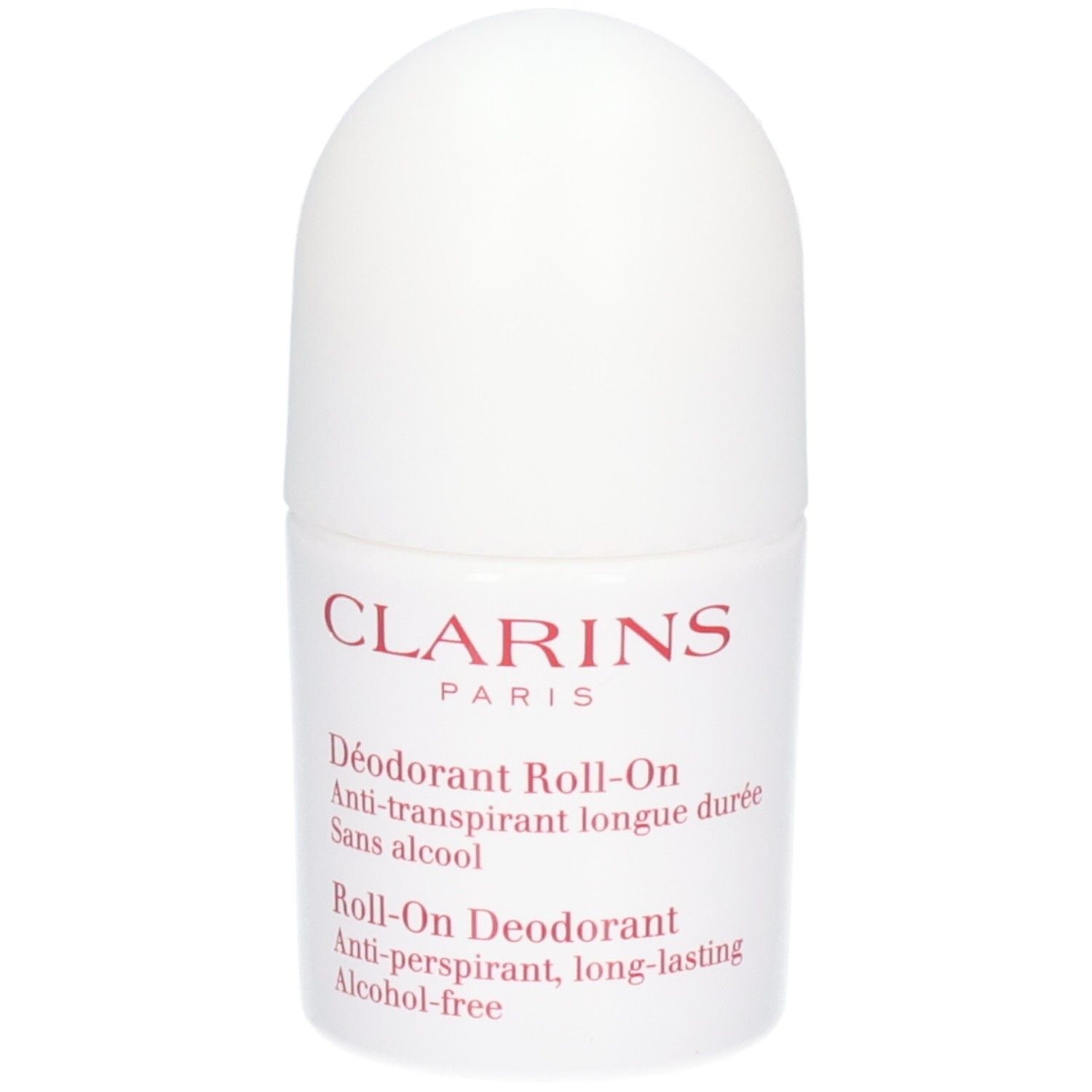 Déodorant Roll-On Clarins, flacon blanc avec inscription rouge.