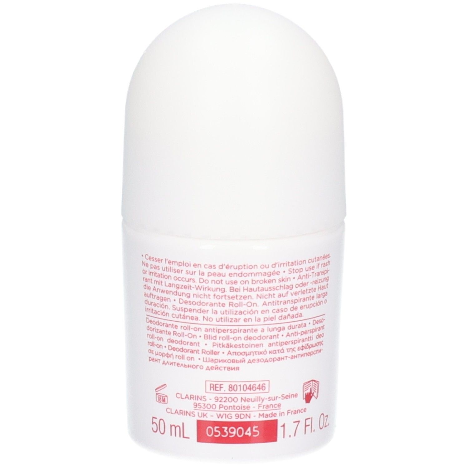 Déodorant Roll-On Clarins, dos avec informations produit et mention 50ml.