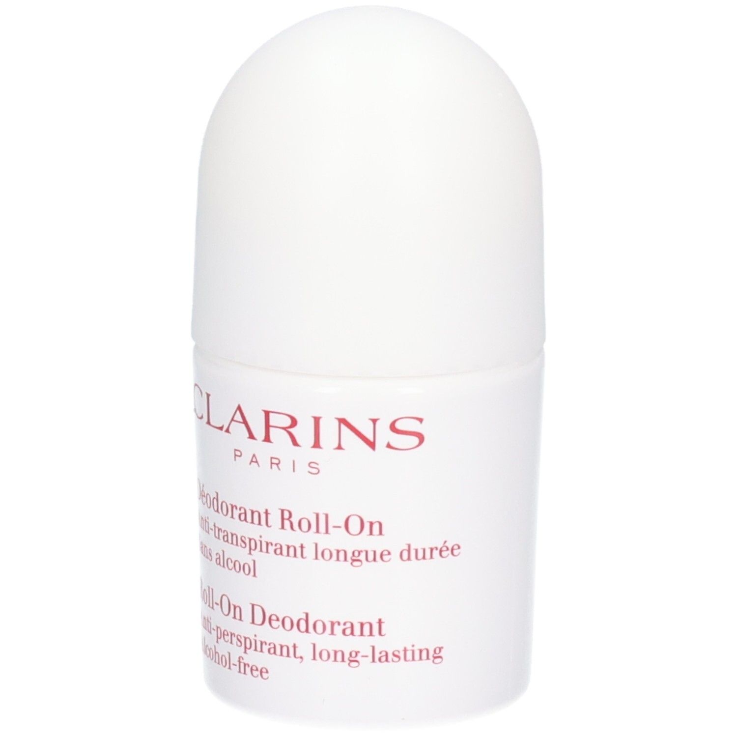 Déodorant Roll-On Clarins, flacon blanc avec inscription rouge.