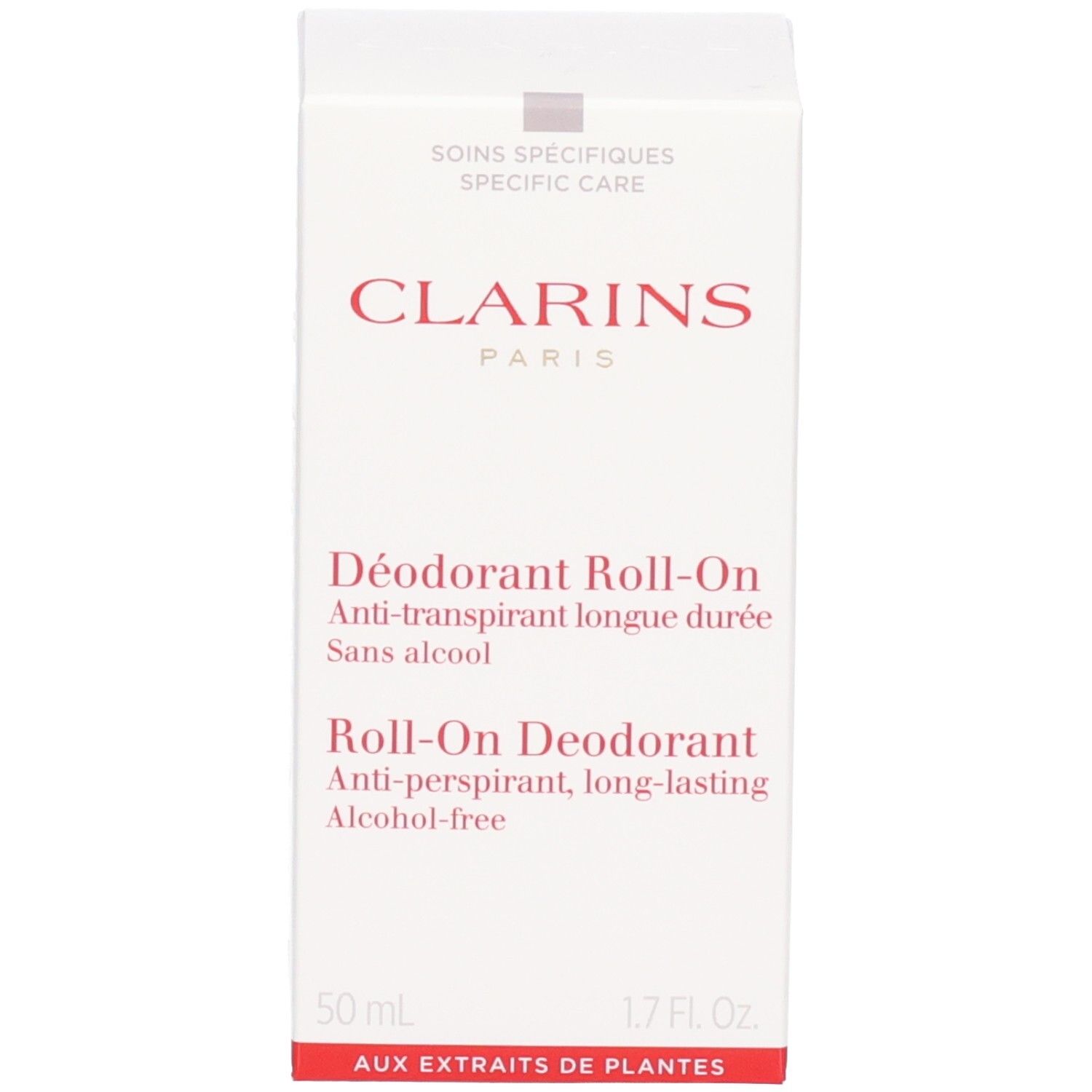 Déodorant Roll-On Clarins et son emballage, blanc avec inscription rouge.