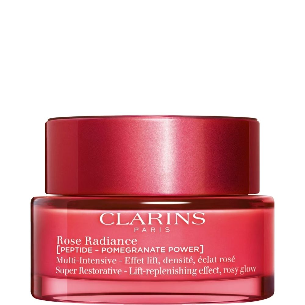 Crème Rose Radiance Clarins dans un pot rouge.