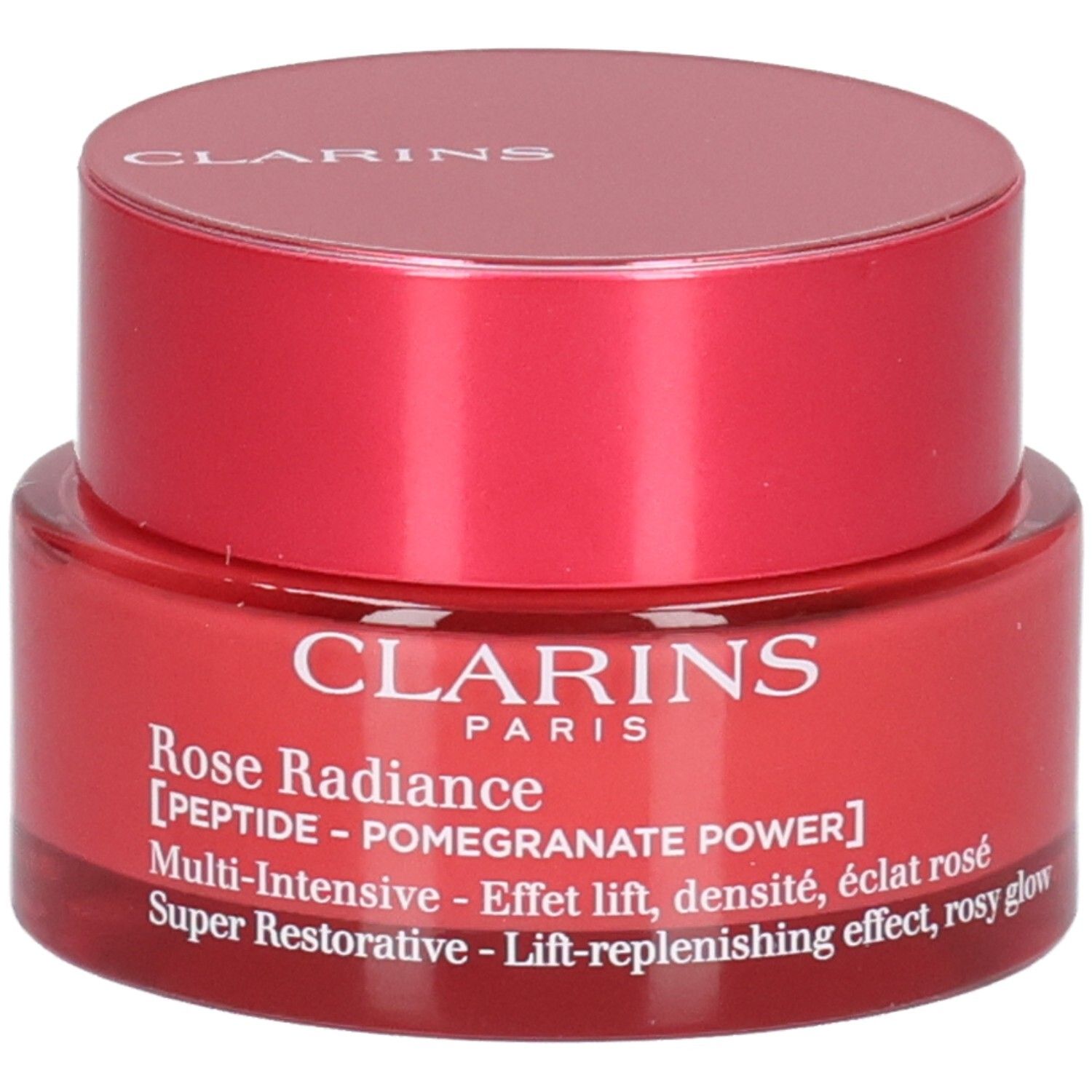 Crème Rose Radiance Clarins dans un pot rouge.