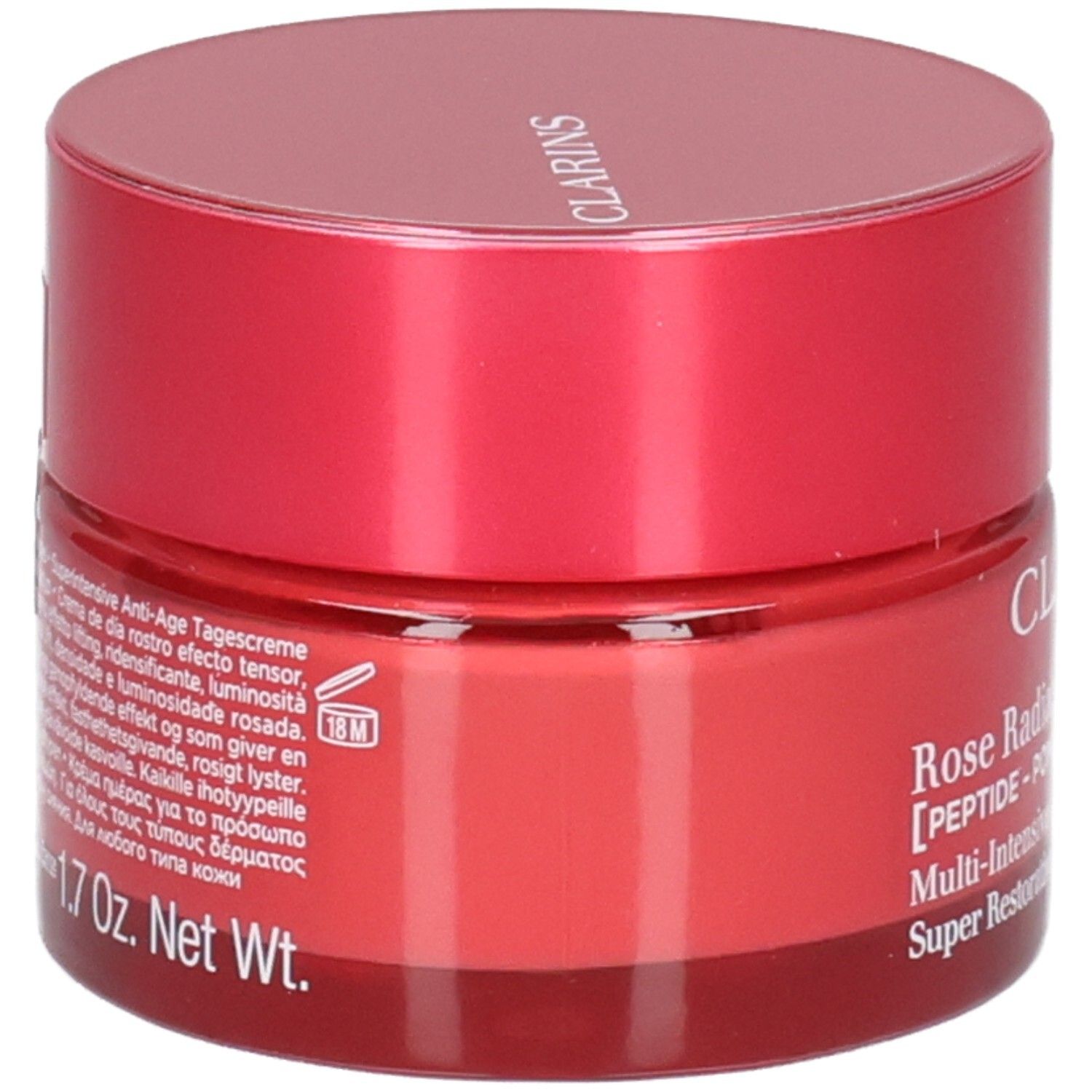 Crème Rose Radiance Clarins, vue latérale avec étiquette.