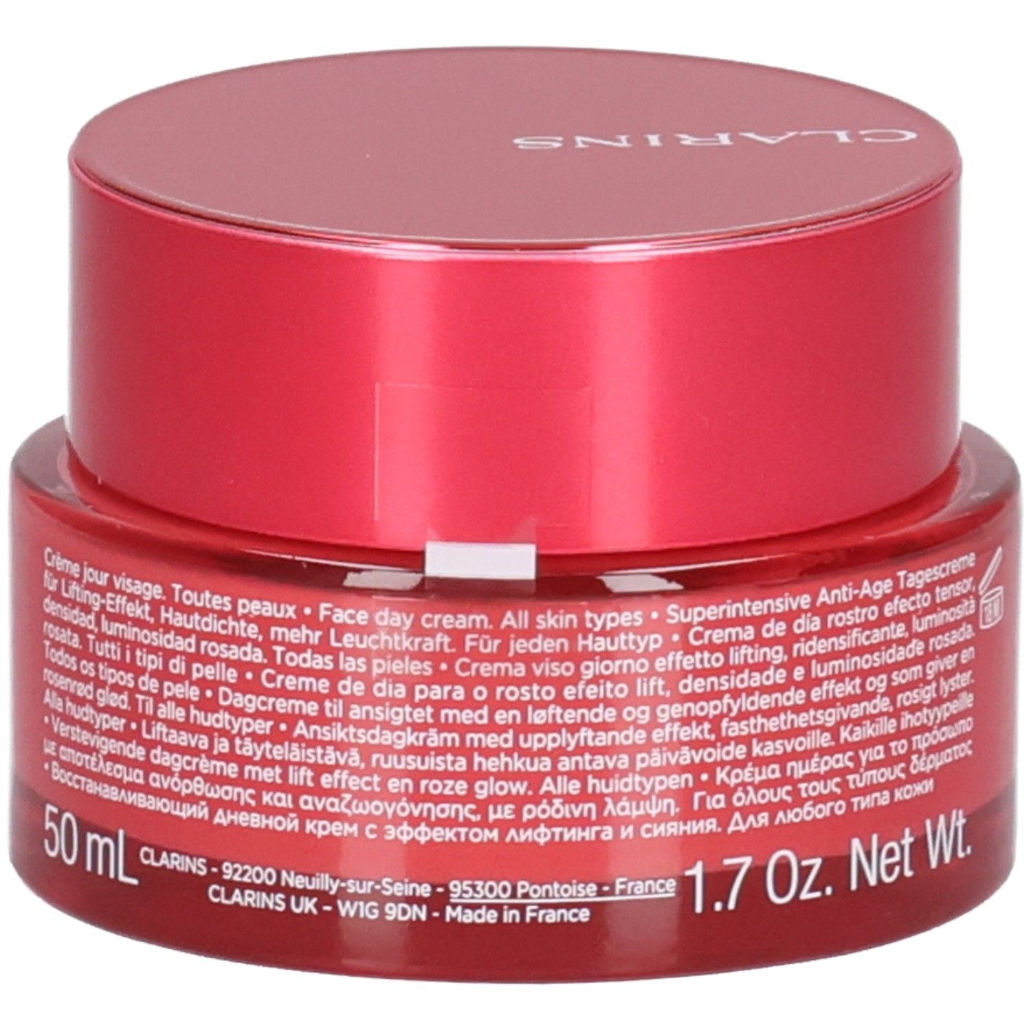 Crème Rose Radiance Clarins, 50 ml, avec étiquetage détaillé.