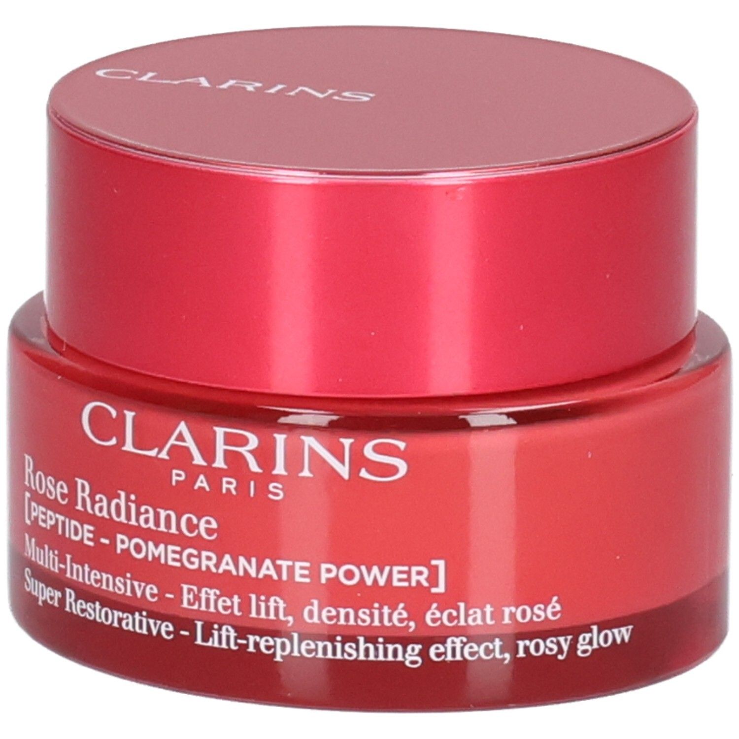 Crème Rose Radiance Clarins dans un pot rouge.