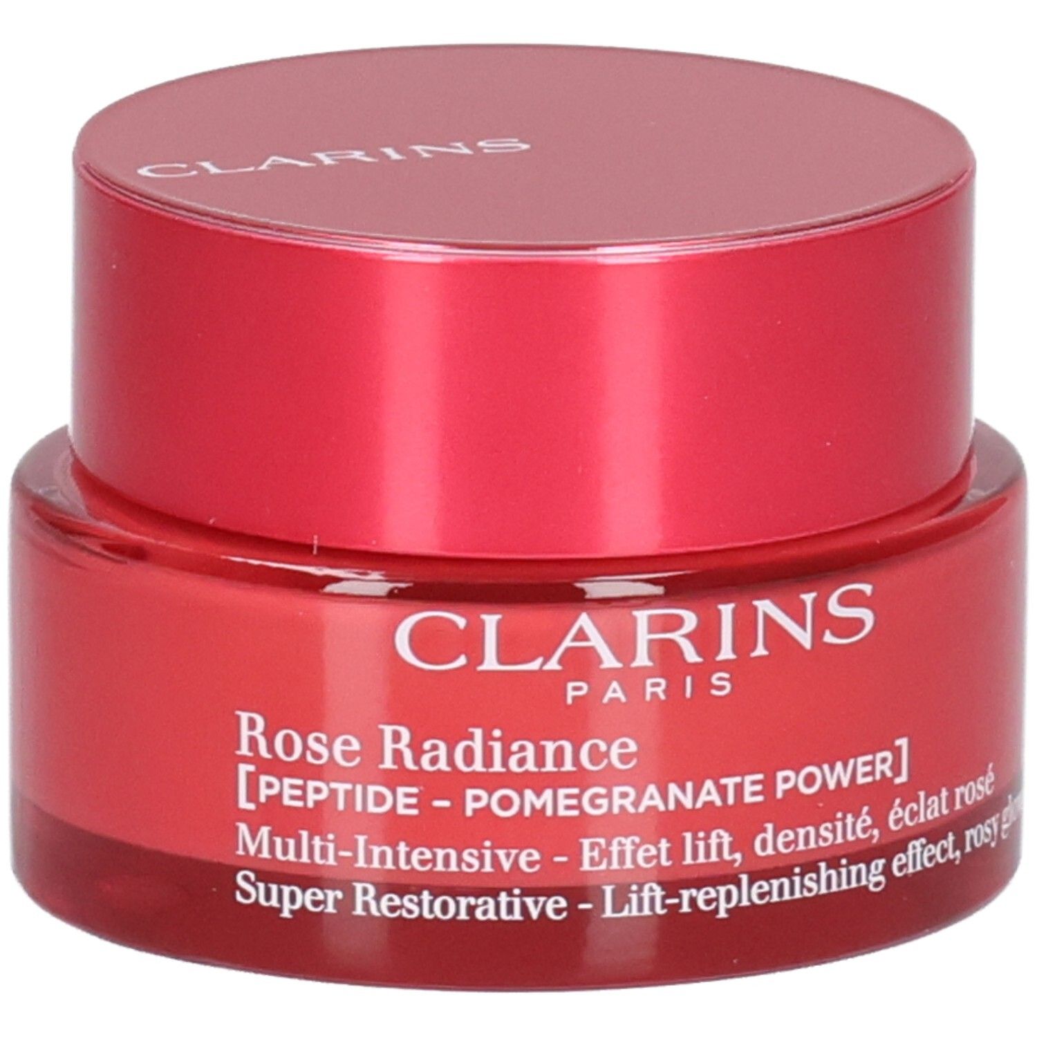 Crème Rose Radiance Clarins dans un pot rouge.