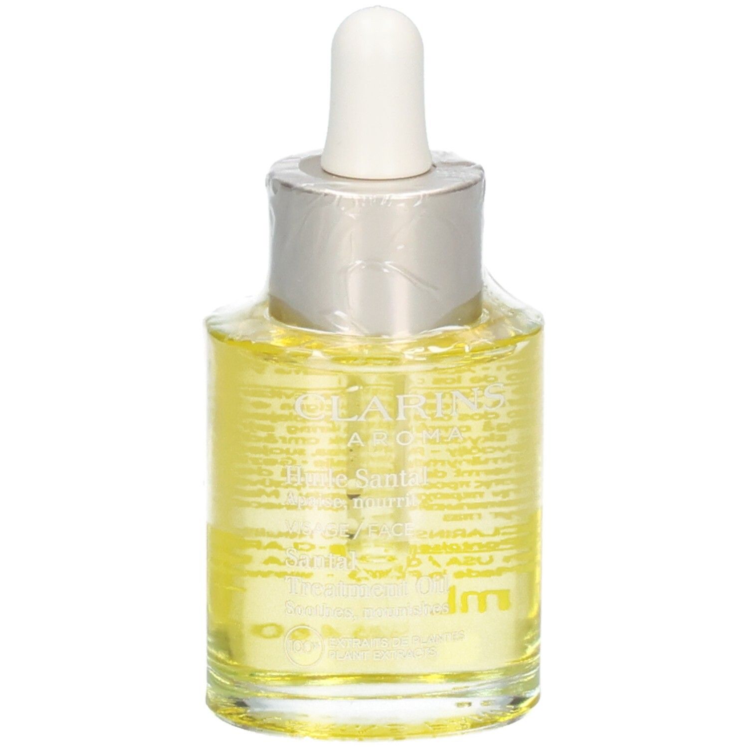 Flacon en verre avec pipette, rempli d'huile visage jaune. Étiquette avec texte.