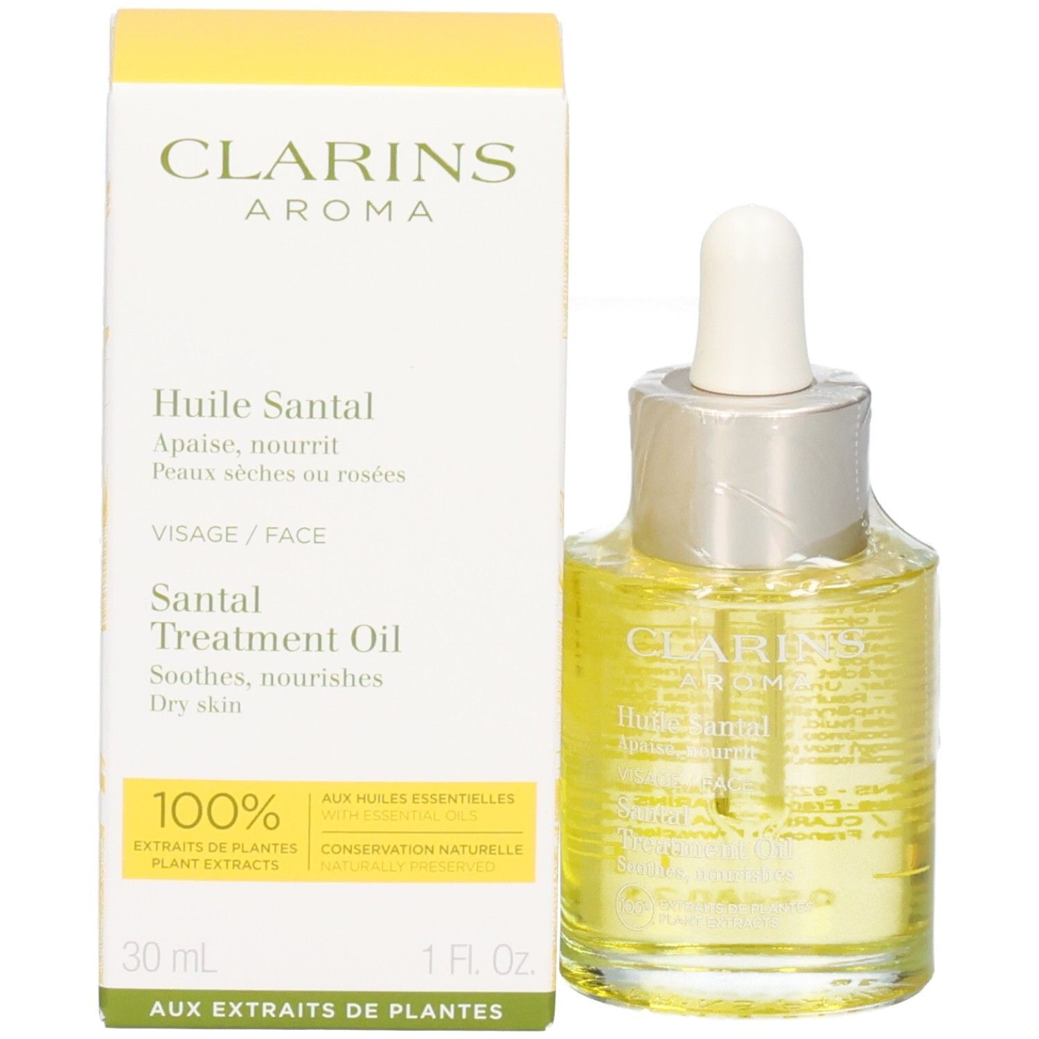 Flacon et emballage Clarins Huile Santal. Huile jaune dans flacon verre avec pipette.