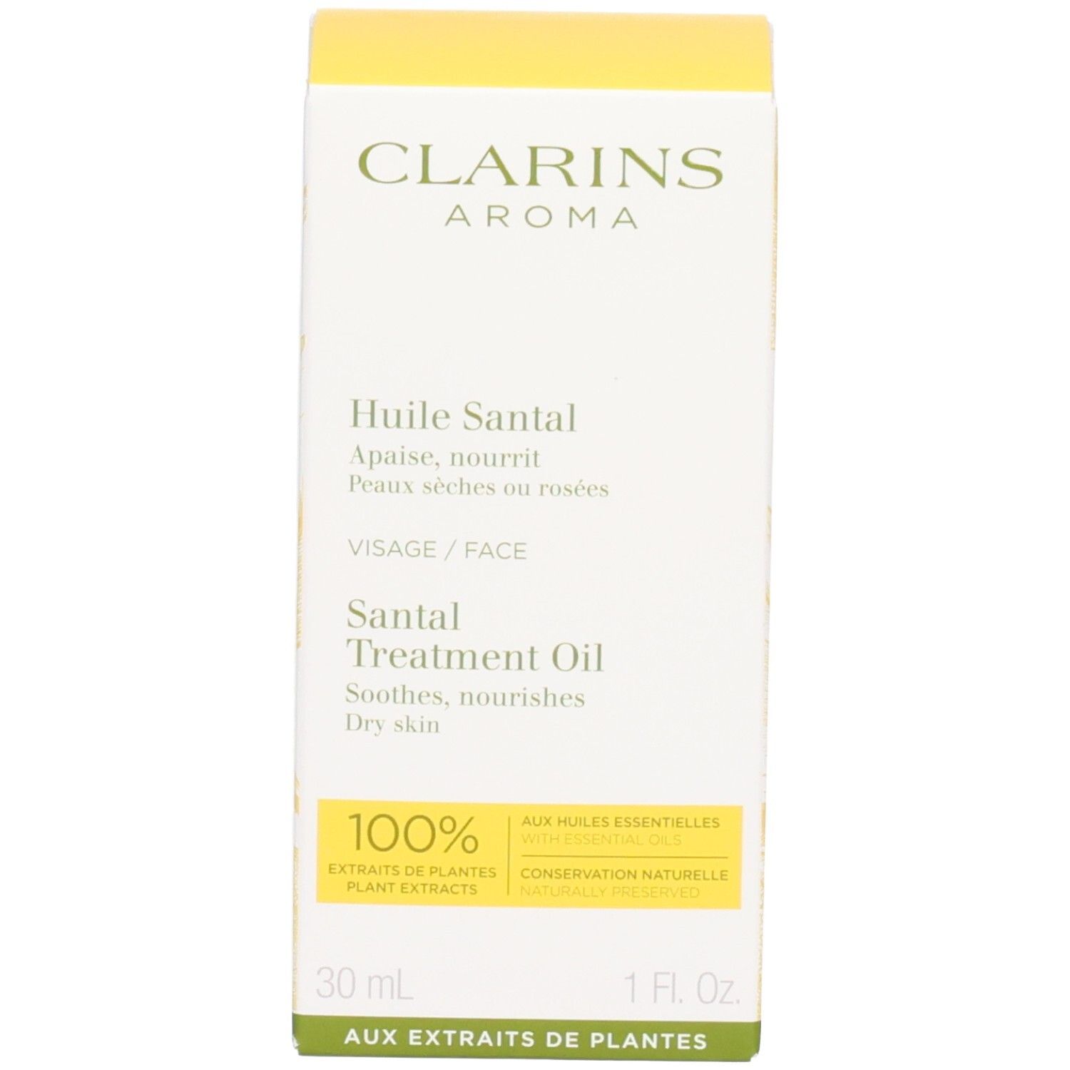 Flacon et emballage Clarins Huile Santal. Huile jaune dans flacon verre avec pipette.