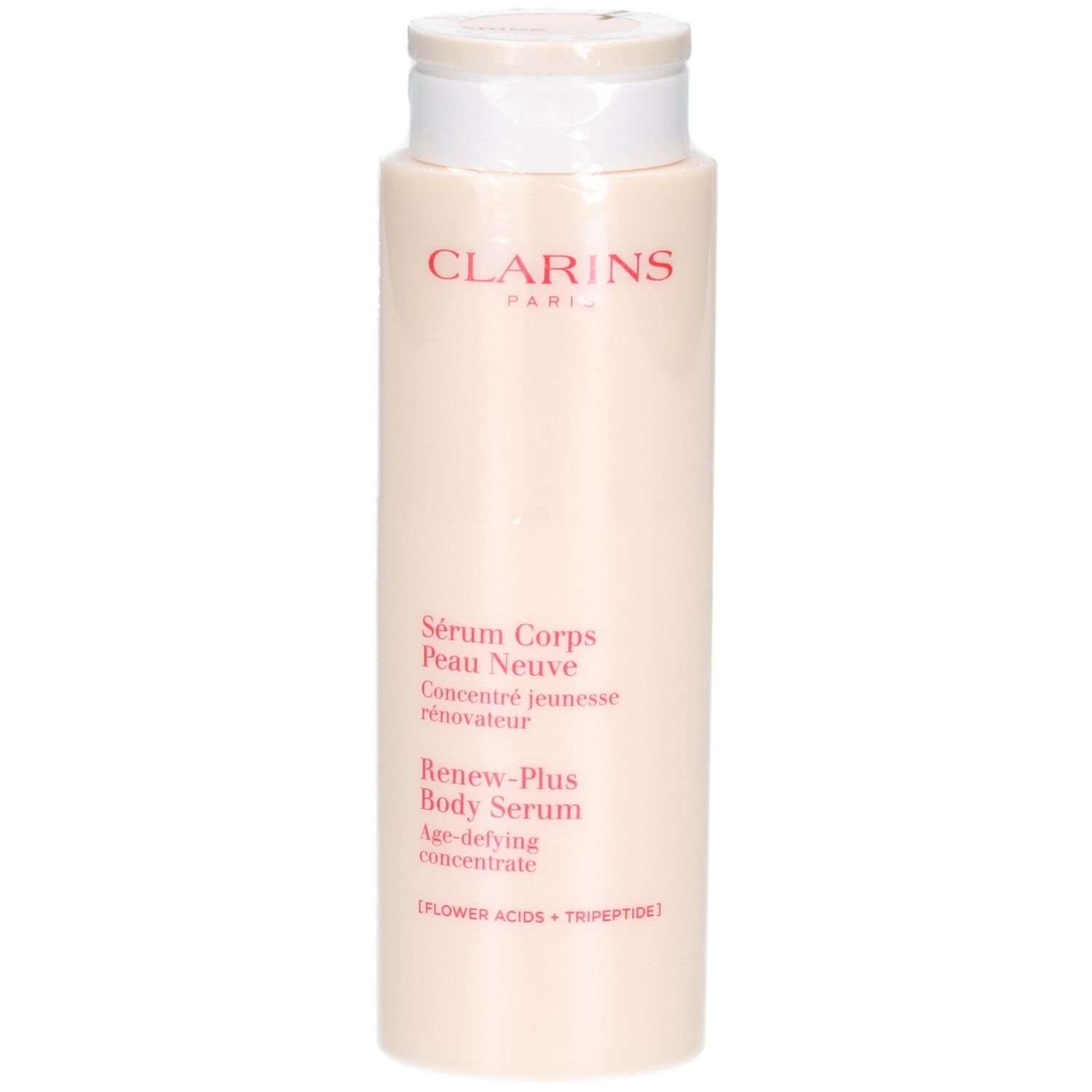 Sérum corps Clarins, 200ml, avec bouchon à rabat. Texte en français, anglais et allemand.