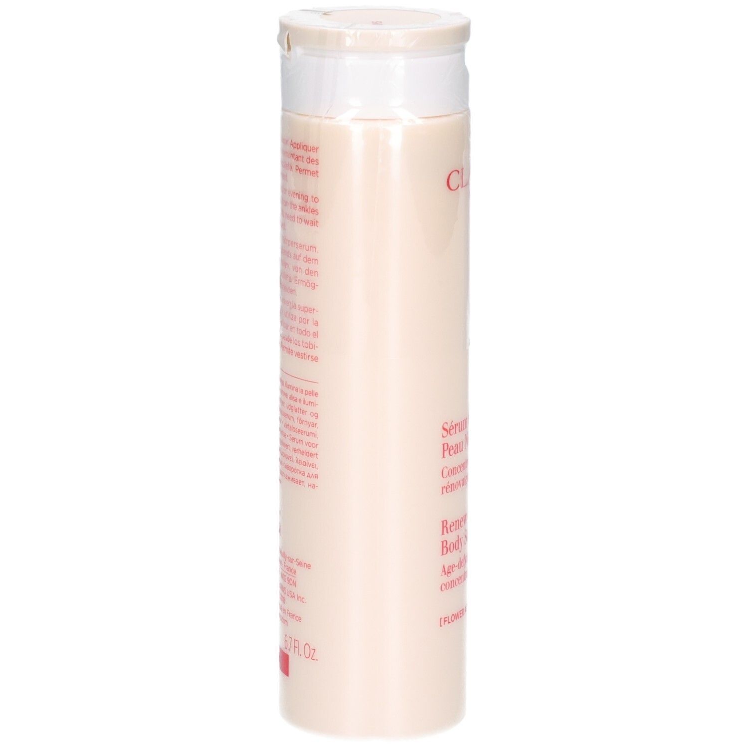 Sérum corps Clarins, 200ml, vue latérale. Texte en français, anglais et allemand.