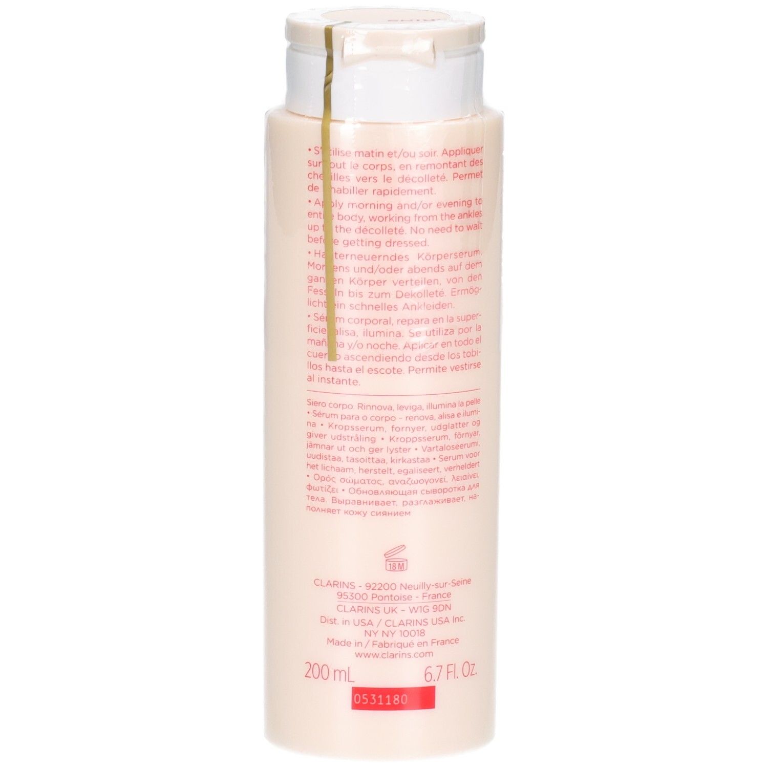 Sérum corps Clarins, 200ml, dos avec instructions et informations produit.