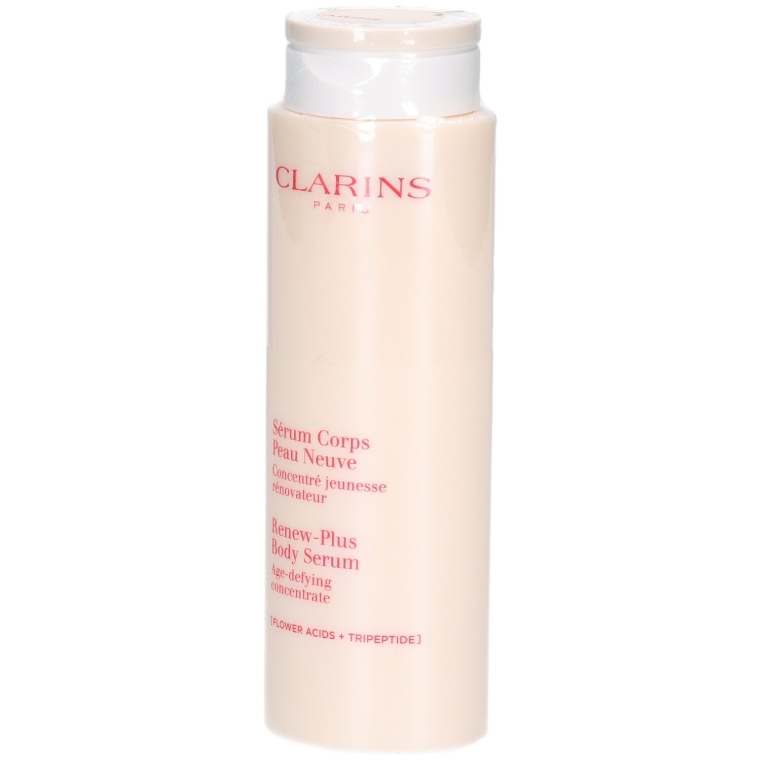 Sérum corps Clarins, 200ml, avec bouchon à rabat. Texte en français, anglais et allemand.