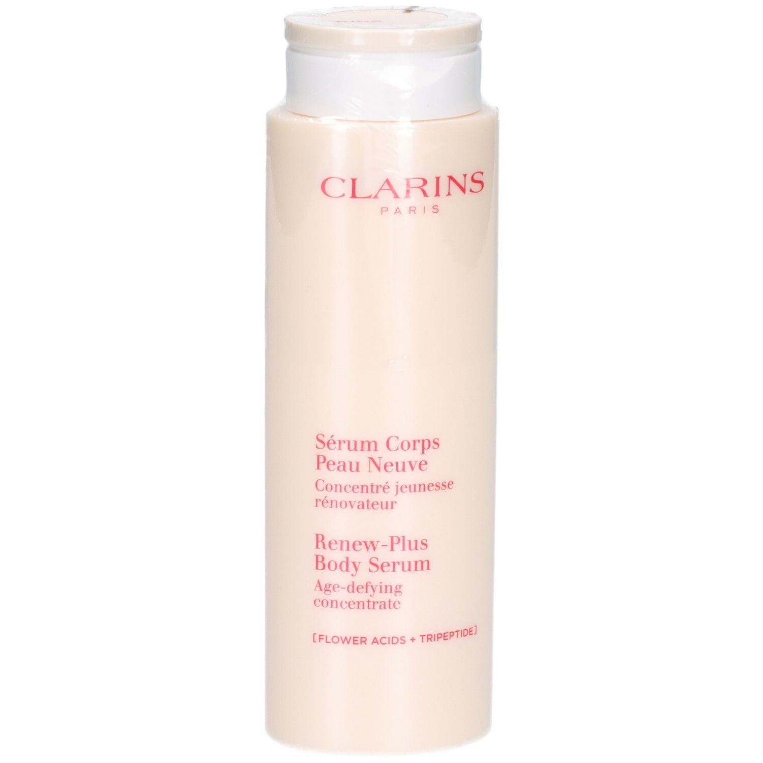 Sérum corps Clarins, 200ml, avec bouchon à rabat. Texte en français, anglais et allemand.