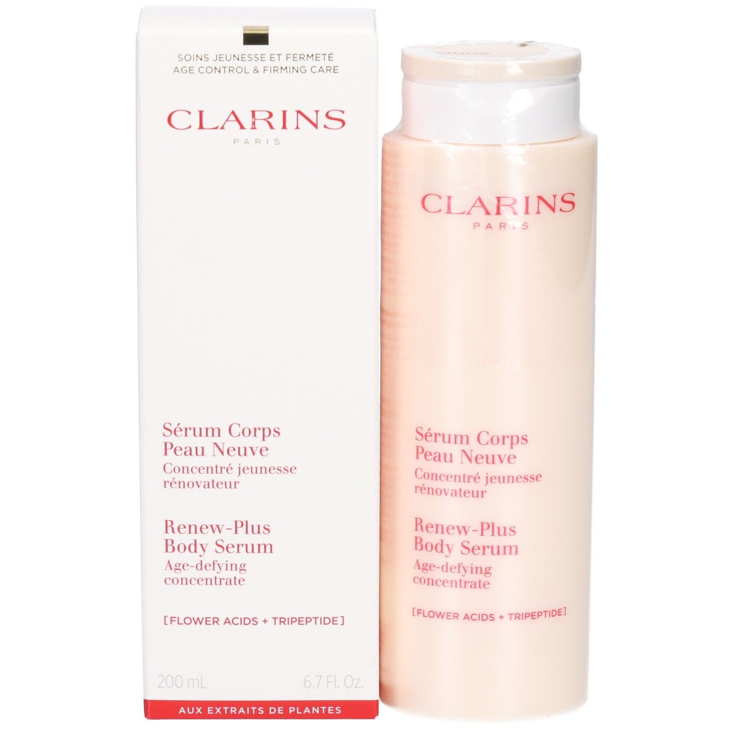 Sérum corps et emballage Clarins, 200ml. Texte en français, anglais et allemand.