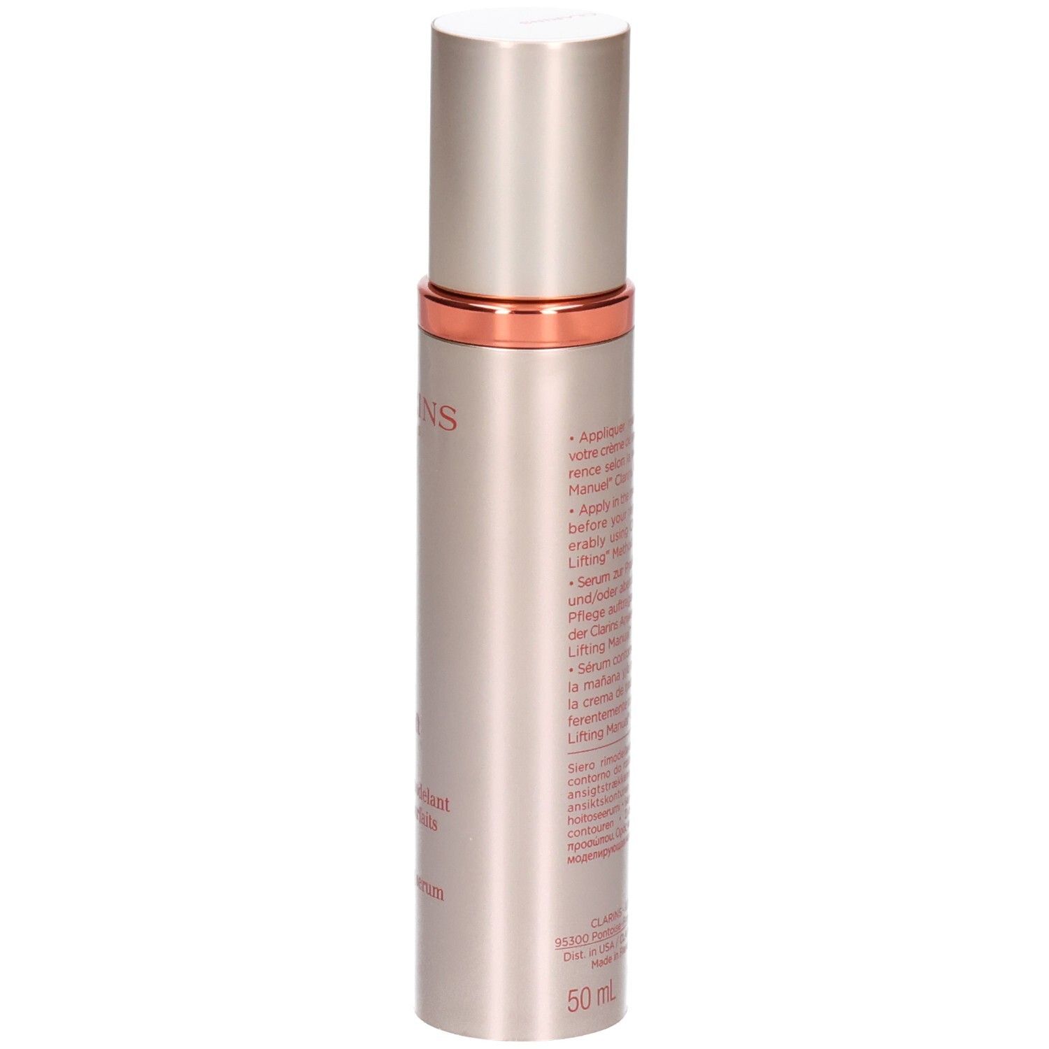 Flacon Clarins avec pompe, côté avec instructions d'utilisation.