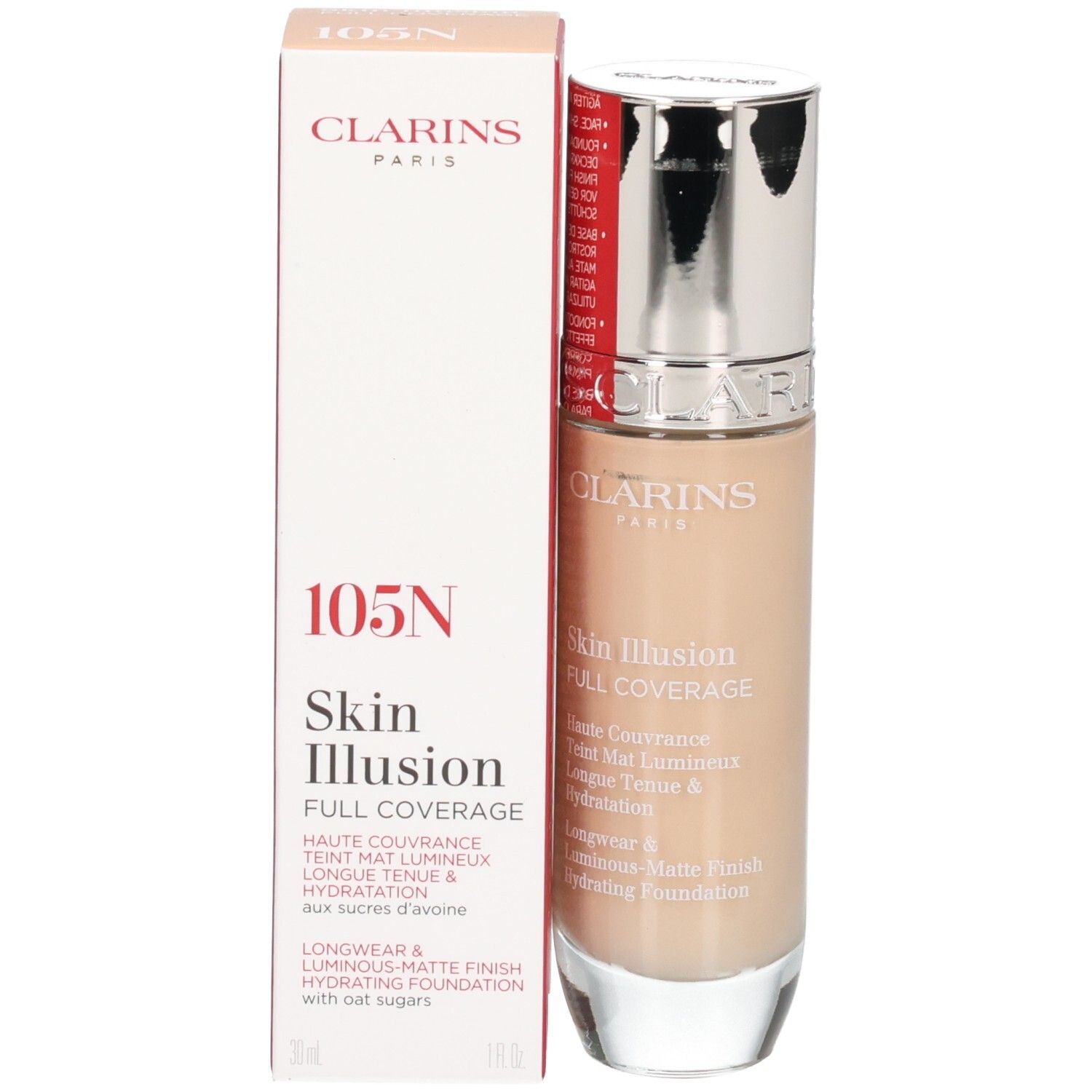 Fond de teint Clarins Skin Illusion Full Coverage 105N et son emballage.