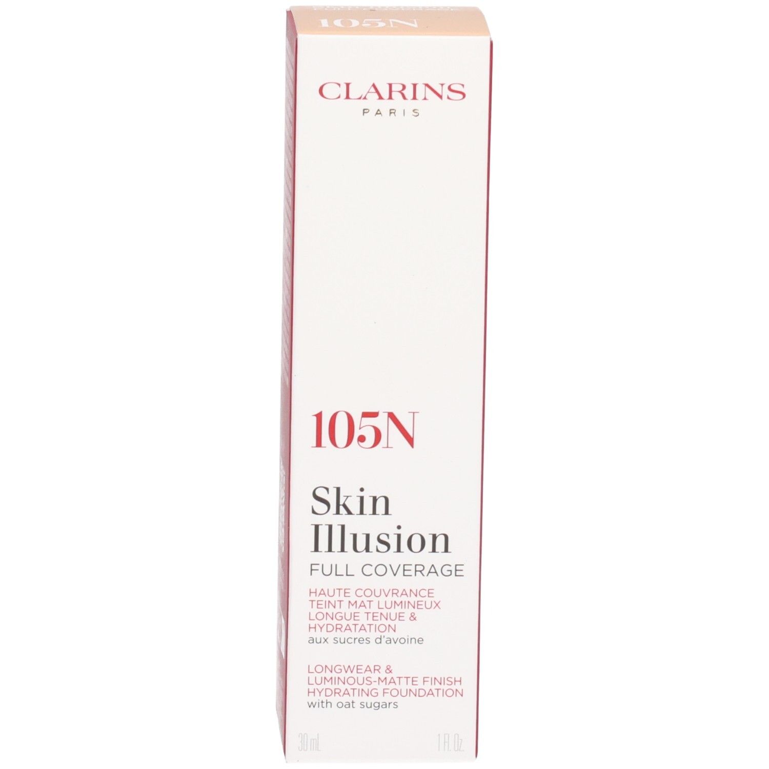 Emballage du fond de teint Clarins Skin Illusion Full Coverage, teinte 105N.