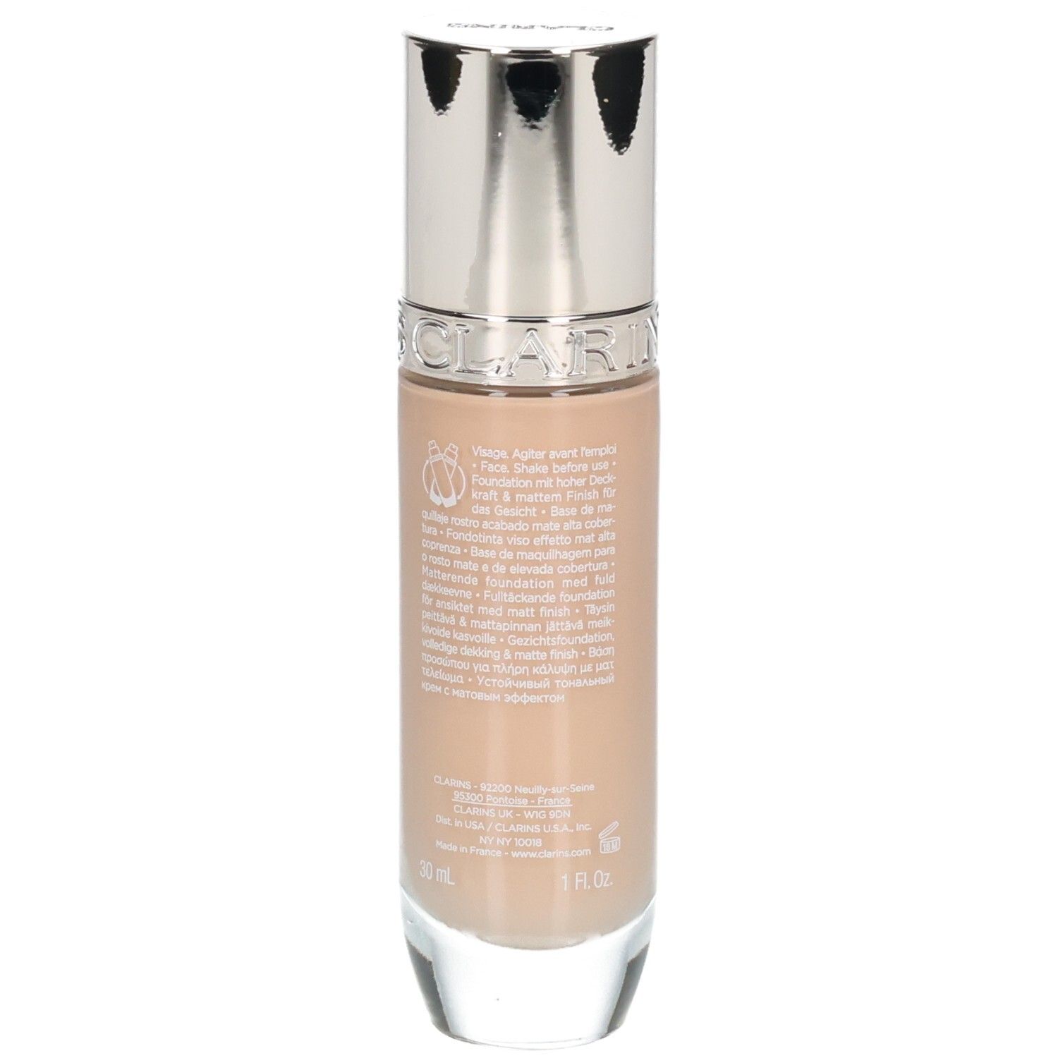 Arrière du flacon Clarins Skin Illusion Full Coverage Foundation, teinte 107C.