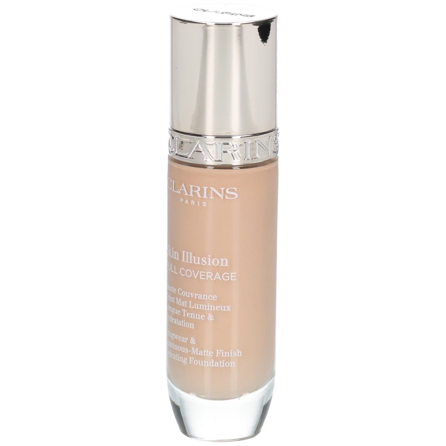 Clarins Skin Illusion Full Coverage Foundation en flacon, teinte 107C, vue de face.